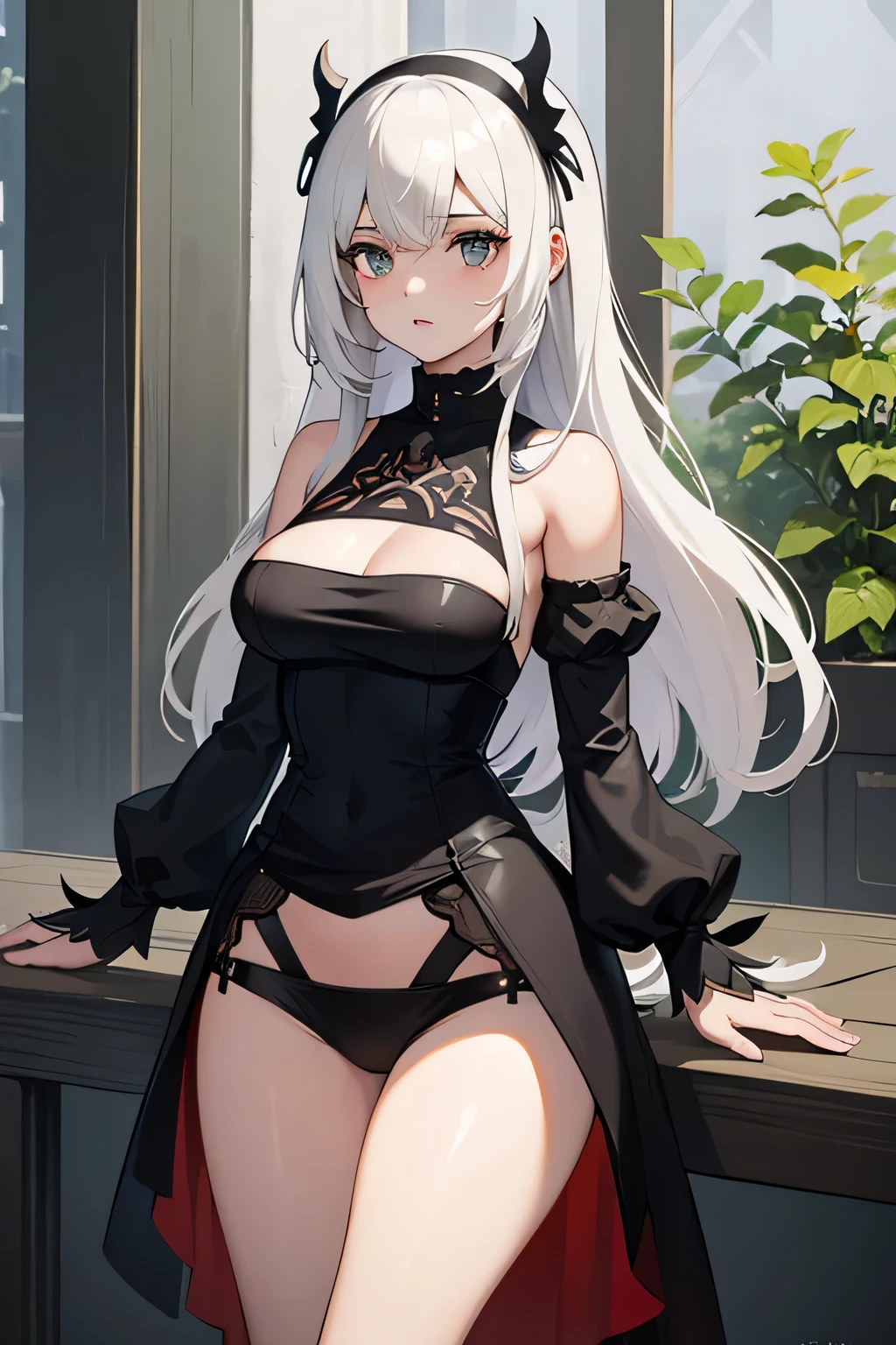 yorha no. 2 tipo b, 1 chica, Oh!, (venta), Pechos, escote, recorte de escote, recorte de ropa, fondo verde, pelo entre los ojos, banda para el cabello, high resolution, mangas de julieta, mangas largas, nier (serie), nier automata,  mangas hinchadas, labios rojos, cara sombreada, cabello corto, solo, turtleneck, parte superior del cuerpo, pelo blanco, cielo