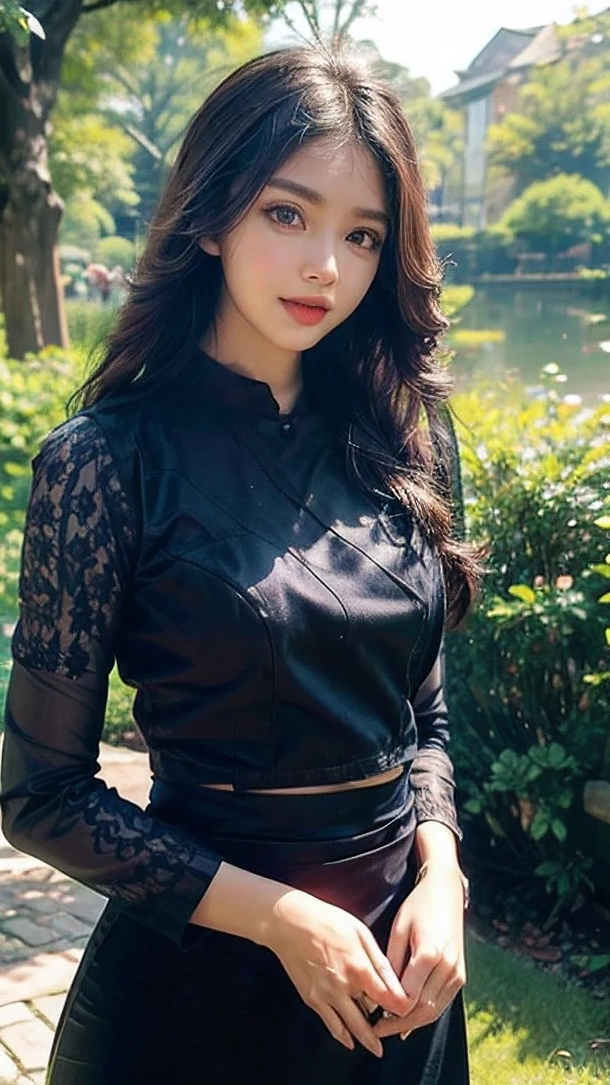 ((best quality)), ((masterpiece)), ((ultra-detailed)), extremely detailed CG, (illustration), ((detailed light)), (an extremely delicate and beautiful), a girl, (22 year old)), solo, ((cute face)), ((upper body including waist)), expressionless, (beautiful detailed eyes), (Vertical pupil:1.2), depth of field, wearing acmm top, red acmm top, long sleeves, wearing acmm long skirt, red acmm long skirt, printed skirt, outdoors, sun lighting.