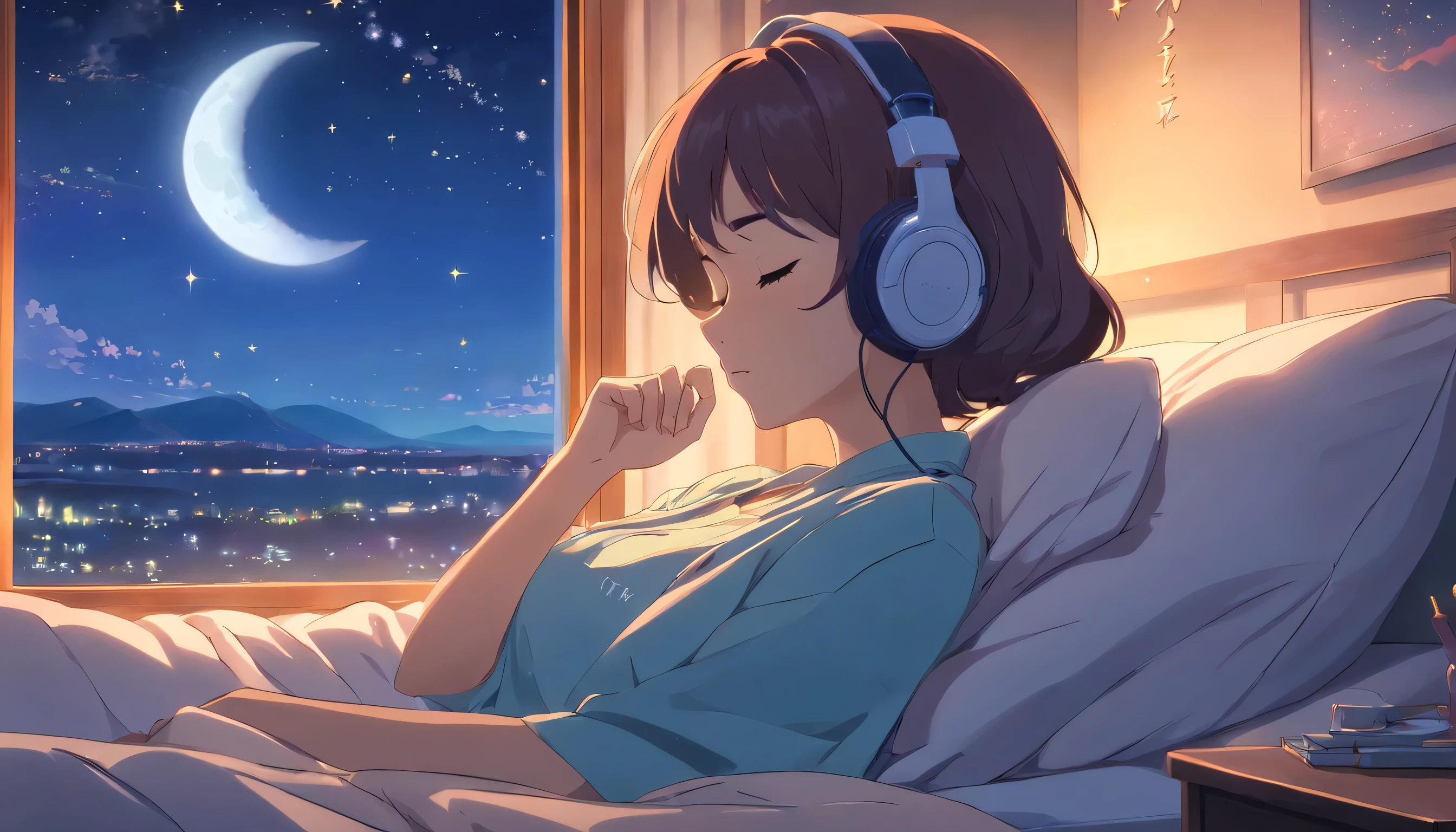 (masterpiece) a girl (Miss) sleep in bed, on her bed, wearing headphones, Window showing moon and stars, calm, peaceful, thinking, Work, color grading, Nice color coding,