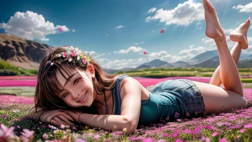 Lying on my stomach on (the Flower field of astragalus in full bloom:1.2), Smiling woman
