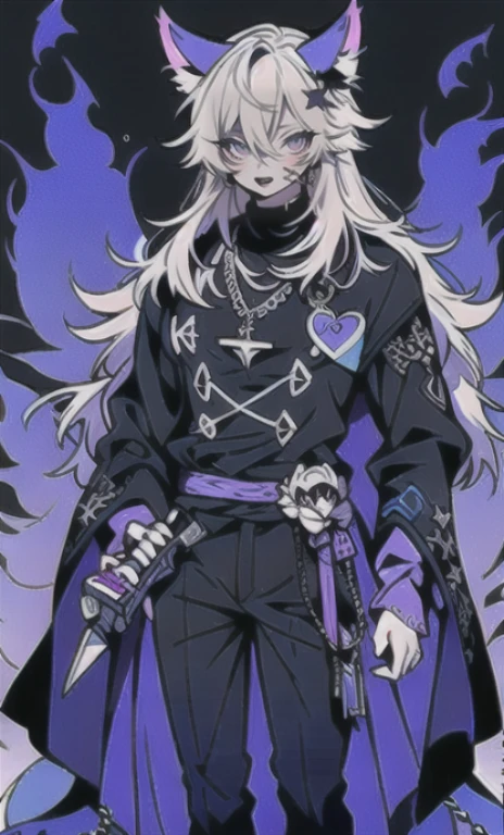 solo, 1boy,「white hair,cerulean blue」long hair, Demon knife, {{nighthawk mask}},  There&#39;s a man wearing a costume, {fox tail,}Apparition {one wing} Farson!!!!, furry Farson, furry characters, furry anime, Farson, furry paws furry, Furry shots, there is nothing, very hairy, furry artist, upright, [[[Anthropomorphic Nue]]] virtual youtuber, full body