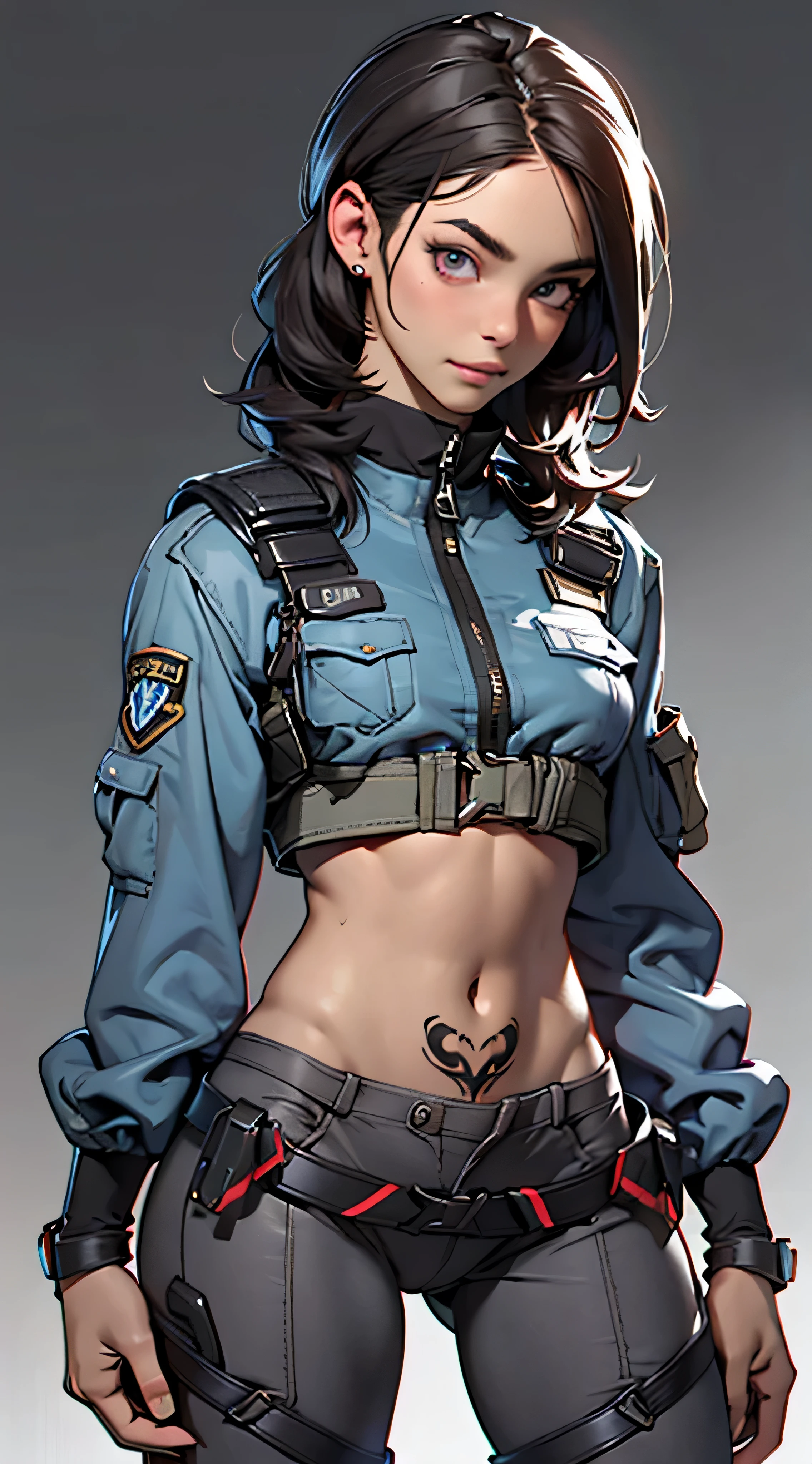 11:23(((best quality: 1.4))),(Unparalleled masterpiece), (Ultra high quality),(Hyper-realistic 8K CG)、(one hand action),(dark hair) ((( Body))), (((1 girl in))), 25-year-old American soldier with perfect Body,,Beautiful and well-groomed face,muscular Body:1.2,Solid royal blue jacket with details, (Pictures from head to thighs), Complex equipment, Purple,trousers,The clothes inside are dark,Clothes with armored metal electronic parts, poison tattoo )