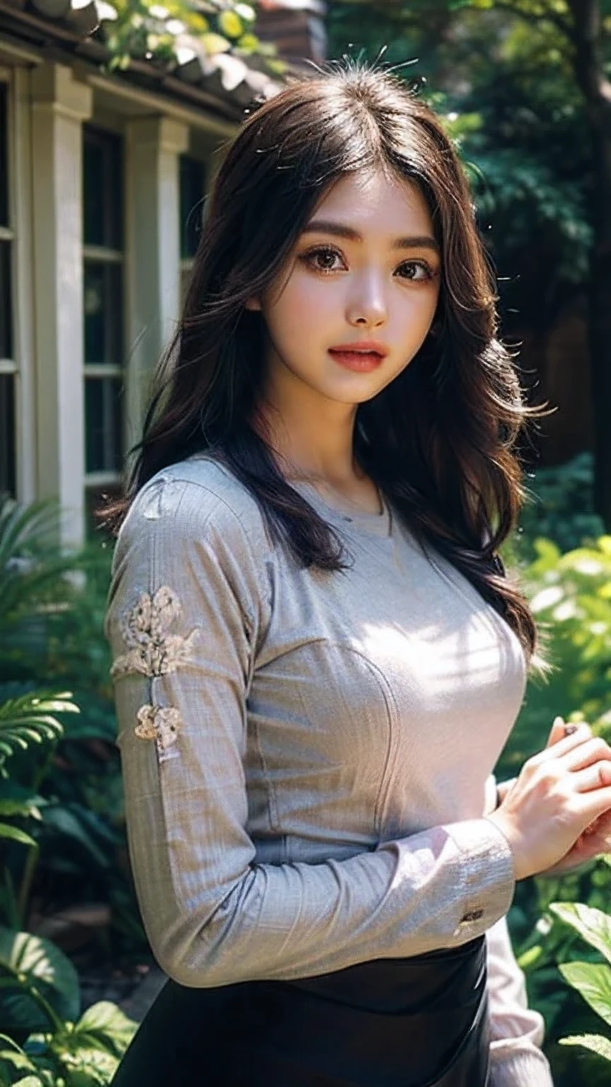((best quality)), ((masterpiece)), ((ultra-detailed)), extremely detailed CG, (illustration), ((detailed light)), (an extremely delicate and beautiful), a girl, (22 year old)), solo, ((cute face)), ((upper body including waist)), expressionless, (beautiful detailed eyes), (Vertical pupil:1.2), depth of field, wearing acmm top, red acmm top, long sleeves, wearing acmm long skirt, red acmm long skirt, printed skirt, outdoors, sun lighting.