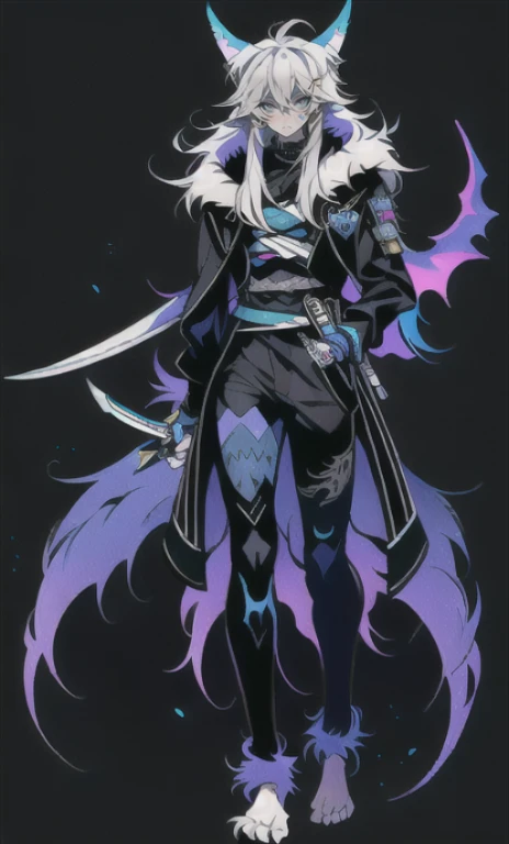 solo, 1boy,「white hair,cerulean blue」long hair, Demon knife, {{nighthawk mask}},  There&#39;s a man wearing a costume, {fox tail,}Apparition {one wing} Farson!!!!, furry Farson, furry characters, furry anime, Farson, furry paws furry, Furry shots, there is nothing, very hairy, furry artist, upright, [[[Anthropomorphic Nue]]] virtual youtuber, full body