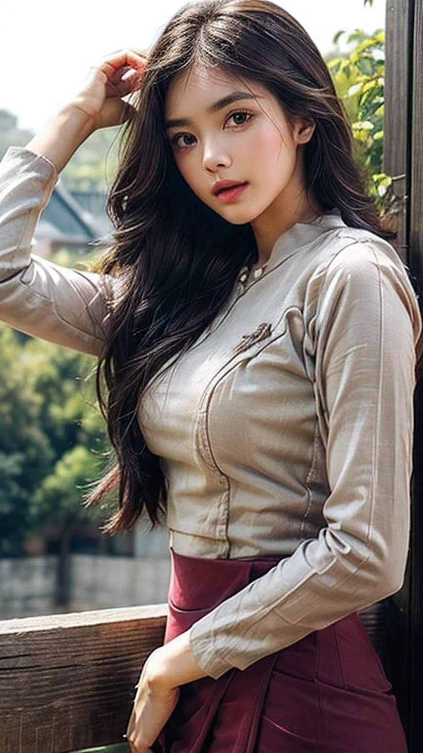 ((best quality)), ((masterpiece)), ((ultra-detailed)), extremely detailed CG, (illustration), ((detailed light)), (an extremely delicate and beautiful), a girl, (22 year old)), solo, ((cute face)), ((upper body including waist)), expressionless, (beautiful detailed eyes), (Vertical pupil:1.2), depth of field, wearing acmm top, red acmm top, long sleeves, wearing acmm long skirt, red acmm long skirt, printed skirt, outdoors, sun lighting.