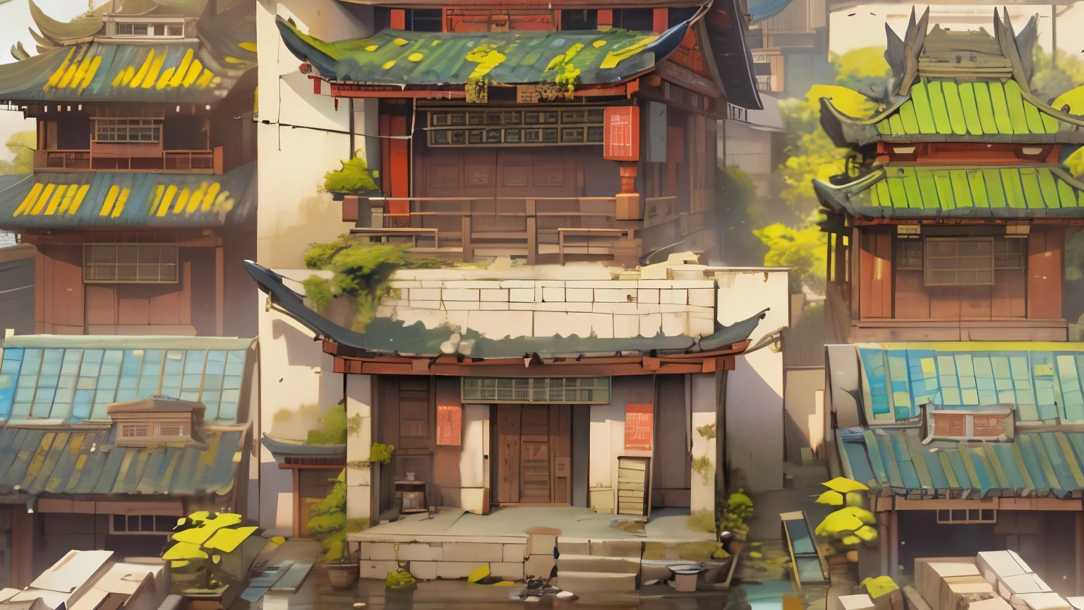 Photos of Asian buildings，smoke comes out of it, In the style of 2D game art, Dark white and light gold, Chinese punk, Focus on work, Art inspired by faith, animated action, historical theme