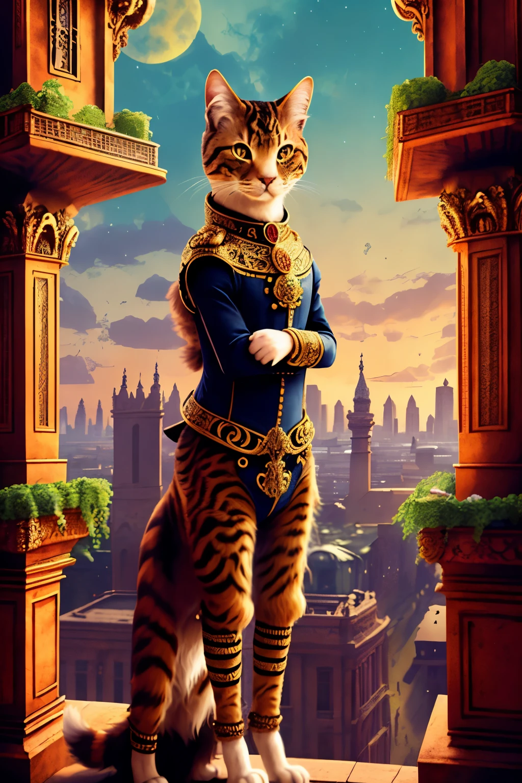 A majestic German Curly haired cat with a human body, regally attired and standing proudly on a balcony, overlooking a bustling cityscape (ancient feline monarch:1.1), (humanoid:1.3), (ornate garments:1.4), (majestic pose:1.2), HDR, (striking details:1.2), cinematic shot, vignette, centered, (opulent decor:1.1), gothic architecture, (splendid view:1.1), urban jungle, panoramic, reconstructed, (magnificent:1.1) felinus rex.