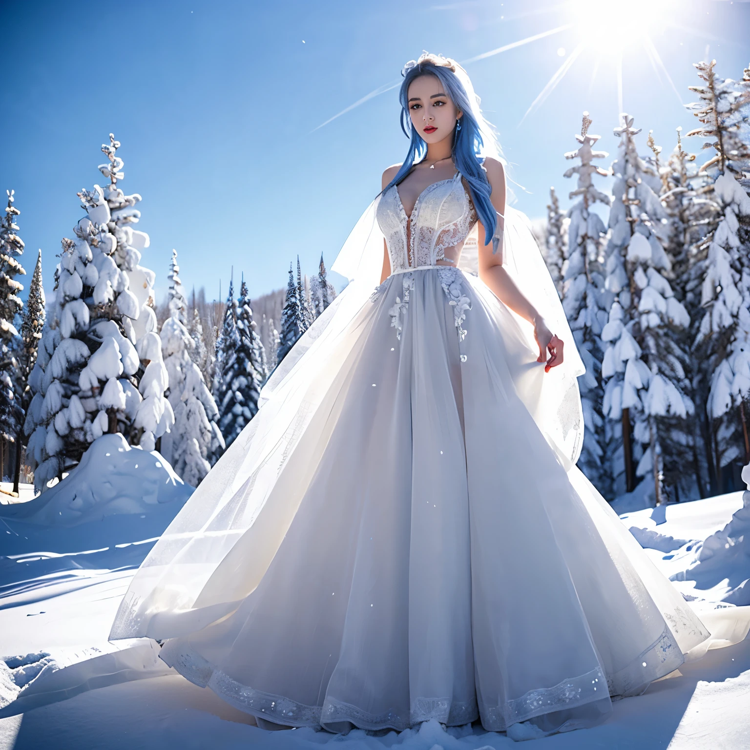 ((top quality、8k、​Masterpiece:1.3))、Extremely delicate and beautiful girl，huge breasts，bigger breasts，Very white skin，fiery red lips，Waist is very thin，Thighs are very thin，White and smooth skin，Smooth and fair skin，flawless skin，Fair and shiny skin，cold white skin，The camera focuses on the chest，hazy light rays，hazy light rays，There are nine long white fox tails behind him，A scene of heavy snowfall，Snow covers the ground，snow mountain，lake，White plush coat，slim long skirt，light blue hair，The hair is light blue
