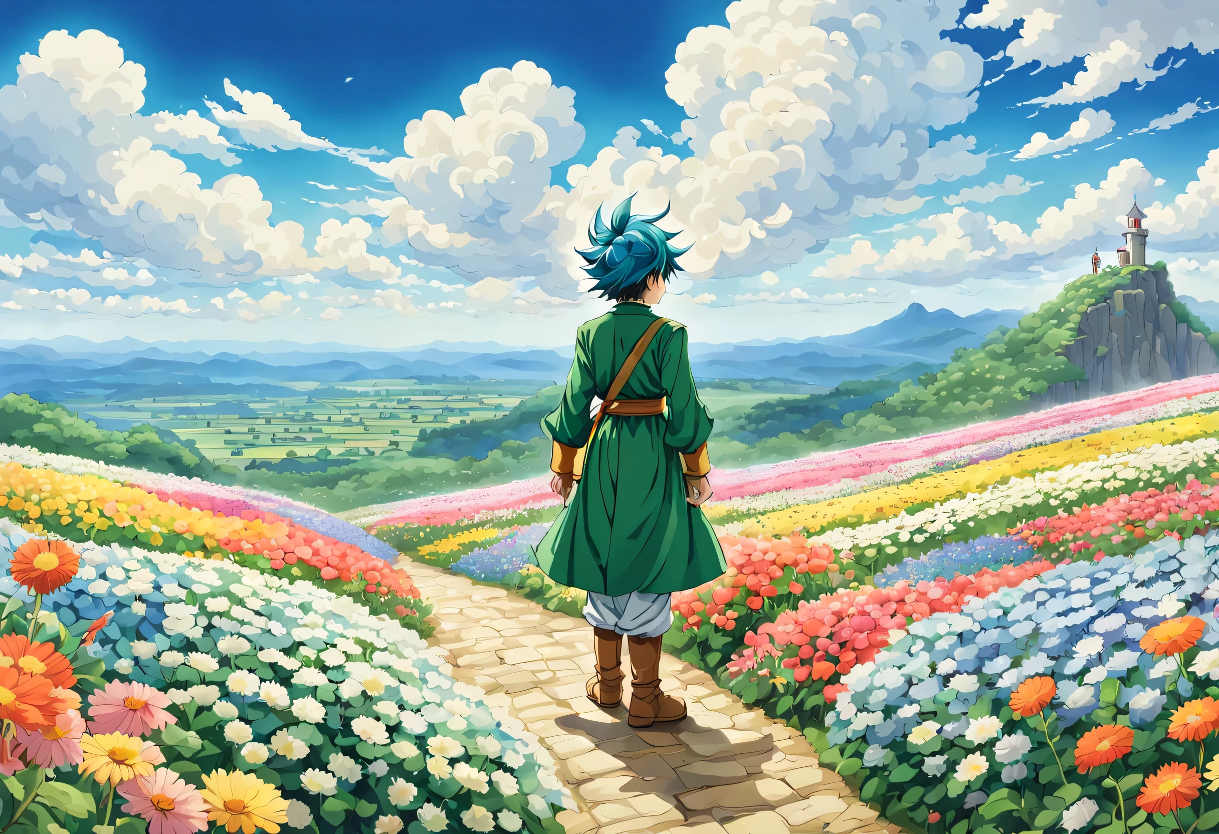 一面の花畑のWind景,The main character stands in the center of the flower garden:dragon quest 4,dragon quest 4の主人公:Rear view:male:17 years old,Costume of the brave:be familiar with,He has no time left for sentimentality..,I have to leave this place as soon as possible..,deep sadness of losing a loved one,Very beautiful flower garden,Wind,petals dance,A work of art that moves the viewer,tears,Expressing deep sadness with the beauty of a flower garden,lament,masterpiece,最高masterpiece,digital art,anime,be familiar with,flash,とてもflash,鳥山明の画Wind,flower garden on the cliff,vast land below,I see the city in the distance,beautiful blue sky,emerald green hair:natural perm,dream-like,rendering,On the day of departure,farewell,beautiful light and shadow,those who are guided