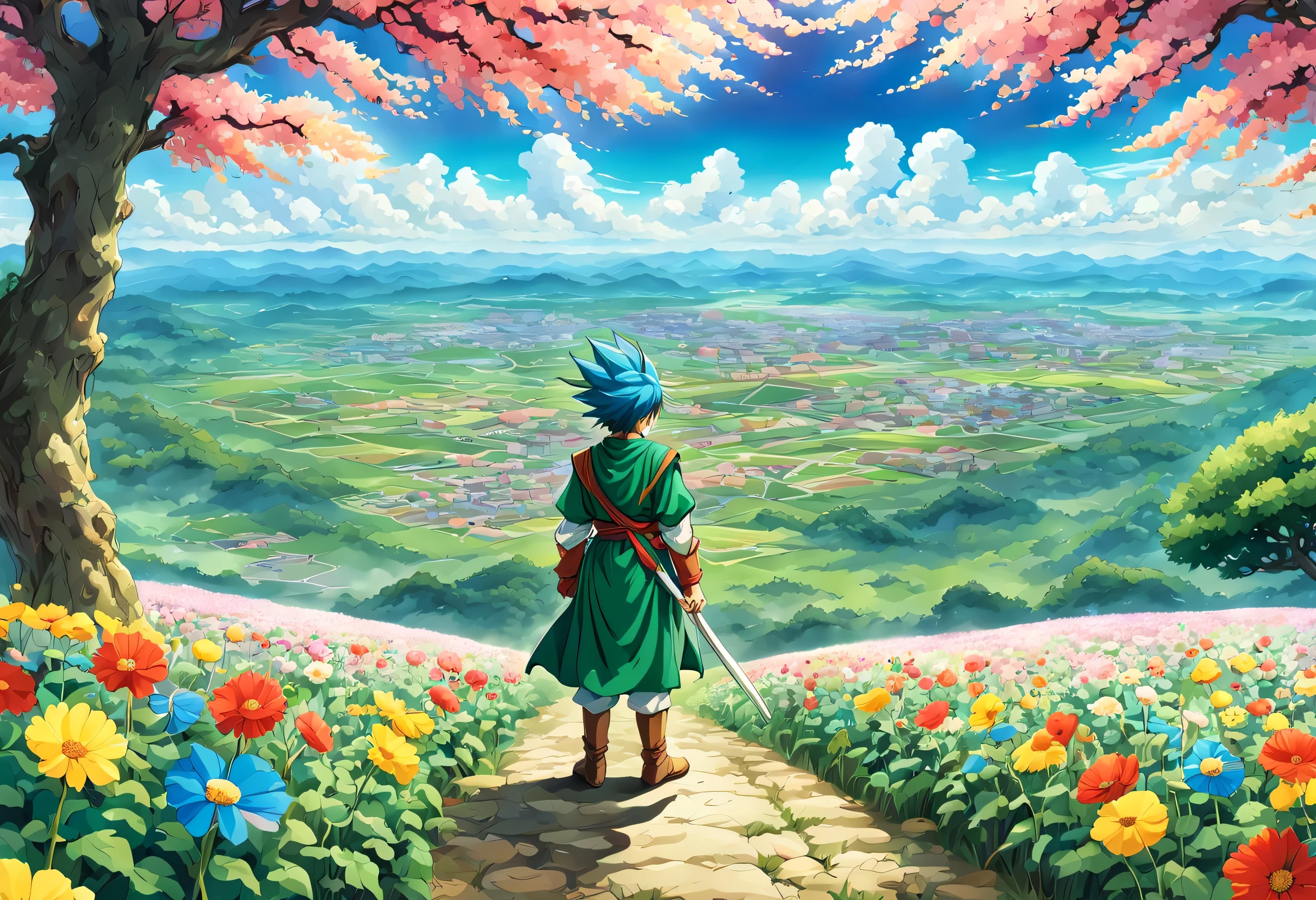 一面の花畑のWind景,The main character stands in the center of the flower garden:dragon quest 4,dragon quest 4の主人公:Rear view:male:************,Costume of the brave:be familiar with,He has no time left for sentimentality..,I have to leave this place as soon as possible..,deep sadness of losing a loved one,Very beautiful flower garden,Wind,petals dance,A work of art that moves the viewer,tears,Expressing deep sadness with the beauty of a flower garden,lament,masterpiece,最高masterpiece,digital art,anime,be familiar with,flash,とてもflash,鳥山明の画Wind,flower garden on the cliff,vast land below,I see the city in the distance,beautiful blue sky,emerald green hair:natural perm,dream-like,rendering,On the day of departure,farewell,beautiful light and shadow,those who are guided