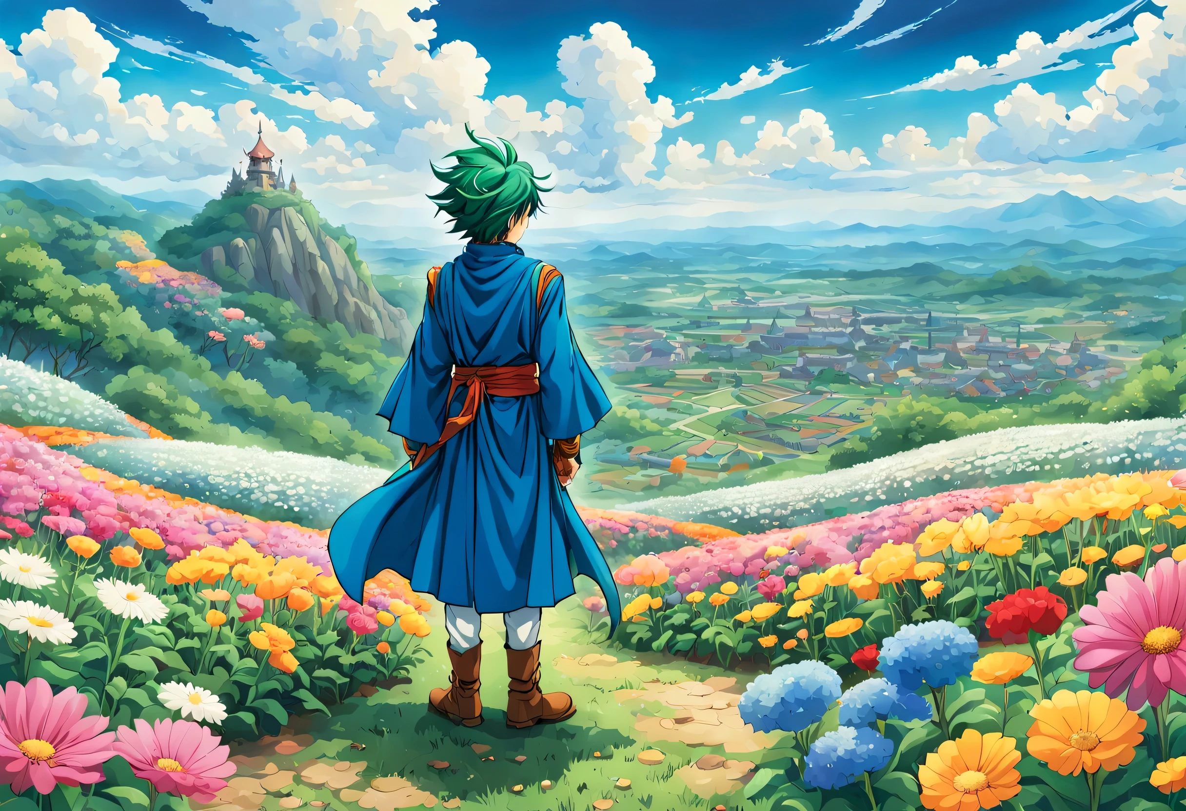 一面の花畑のWind景,The main character stands in the center of the flower garden:dragon quest 4,dragon quest 4の主人公:Rear view:male:,Costume of the brave:be familiar with,He has no time left for sentimentality..,I have to leave this place as soon as possible..,deep sadness of losing a loved one,Very beautiful flower garden,Wind,petals dance,A work of art that moves the viewer,tears,Expressing deep sadness with the beauty of a flower garden,lament,masterpiece,最高masterpiece,digital art,anime,be familiar with,flash,とてもflash,鳥山明の画Wind,flower garden on the cliff,vast land below,I see the city in the distance,beautiful blue sky,emerald green hair:natural perm,dream-like,rendering,On the day of departure,farewell,beautiful light and shadow,those who are guided