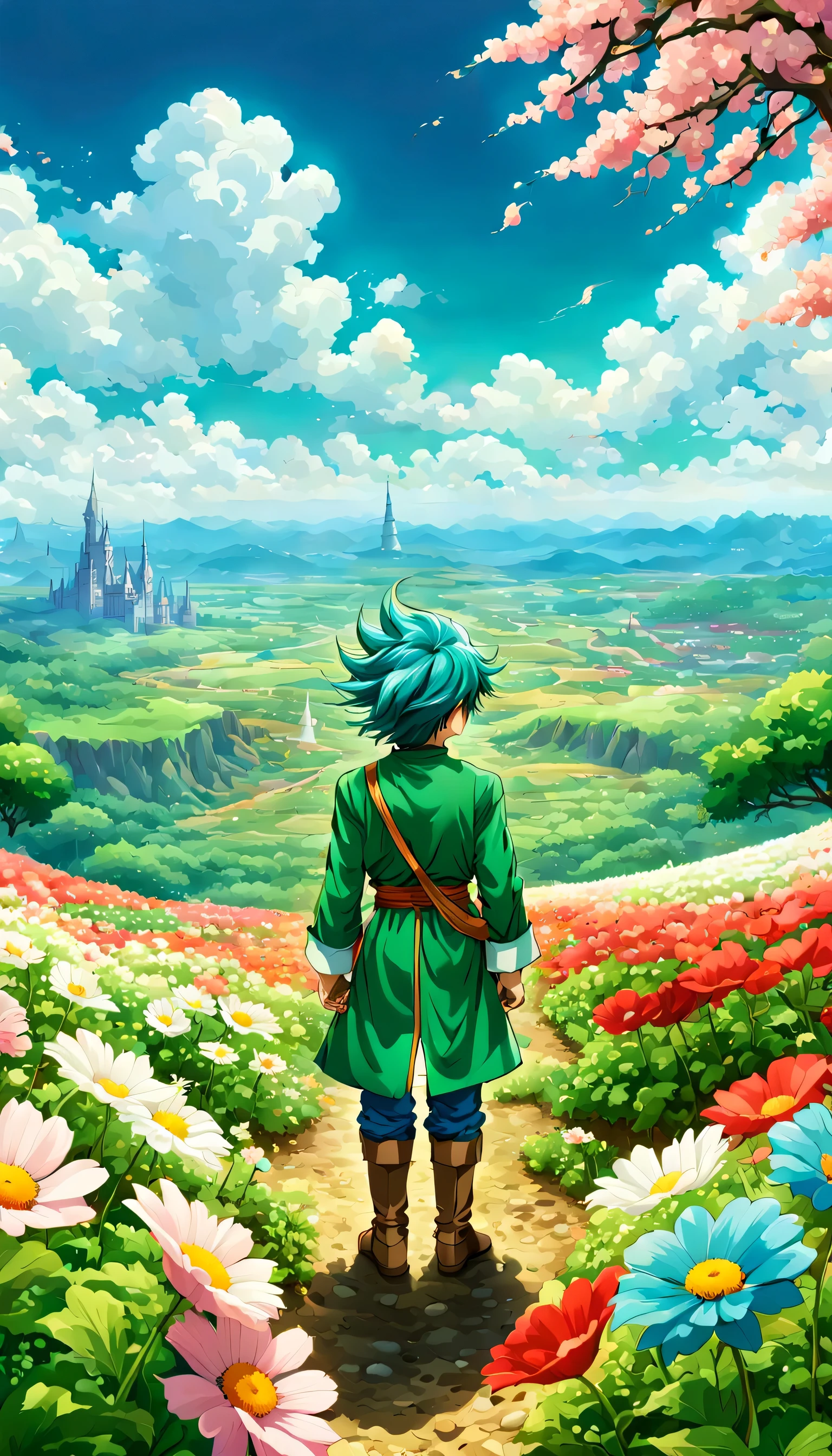 一面の花畑のWind景,The main character stands in the center of the flower garden:dragon quest 4,dragon quest 4の主人公:Rear view:male:,Costume of the brave:be familiar with,He has no time left for sentimentality..,I have to leave this place as soon as possible..,deep sadness of losing a loved one,Very beautiful flower garden,Wind,petals dance,A work of art that moves the viewer,tears,Expressing deep sadness with the beauty of a flower garden,lament,masterpiece,最高masterpiece,digital art,anime,be familiar with,flash,とてもflash,鳥山明の画Wind,flower garden on the cliff,vast land below,I see the city in the distance,beautiful blue sky,emerald green hair:natural perm,dream-like,rendering,On the day of departure,farewell,beautiful light and shadow,those who are guided