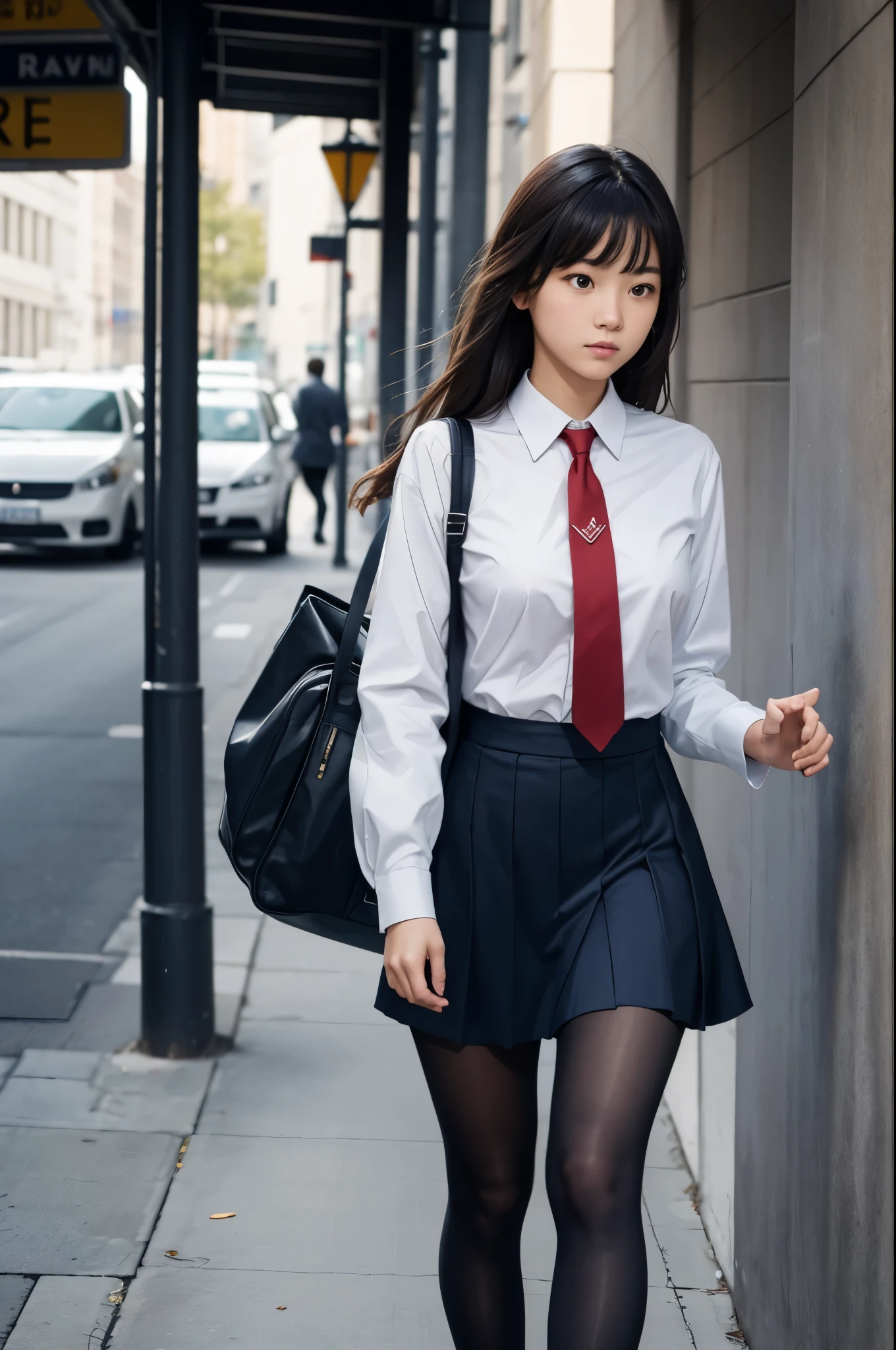 A high school girl wore a shirt with a red tie, a grey knee-length skirt, tan tights, navy socks, and black court shoes.