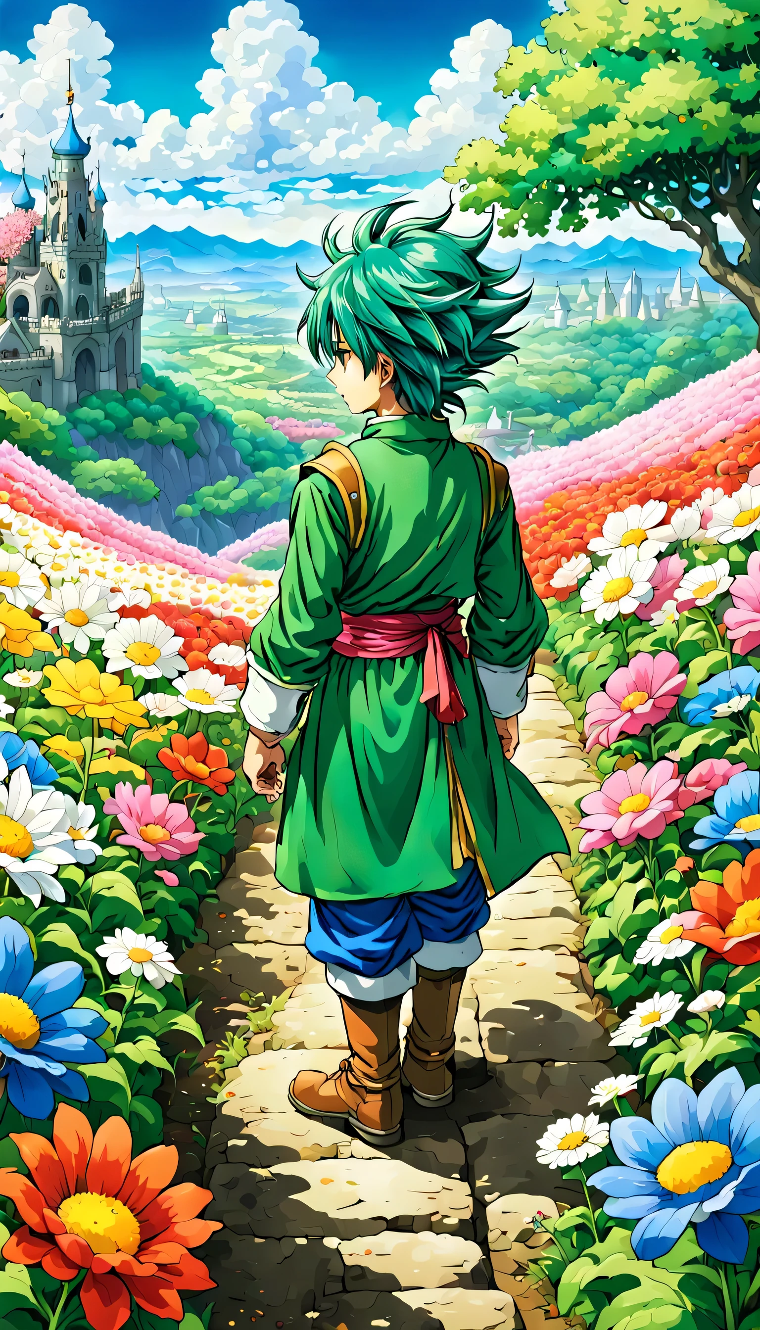 一面の花畑のWind景,The main character stands in the center of the flower garden:dragon quest 4,dragon quest 4の主人公:Rear view:male:17 years old,Costume of the brave:be familiar with,He has no time left for sentimentality..,I have to leave this place as soon as possible..,deep sadness of losing a loved one,Very beautiful flower garden,Wind,petals dance,A work of art that moves the viewer,tears,Expressing deep sadness with the beauty of a flower garden,lament,masterpiece,最高masterpiece,digital art,anime,be familiar with,flash,とてもflash,鳥山明の画Wind,flower garden on the cliff,vast land below,I see the city in the distance,beautiful blue sky,emerald green hair:natural perm,dream-like,rendering,On the day of departure,farewell,beautiful light and shadow,those who are guided