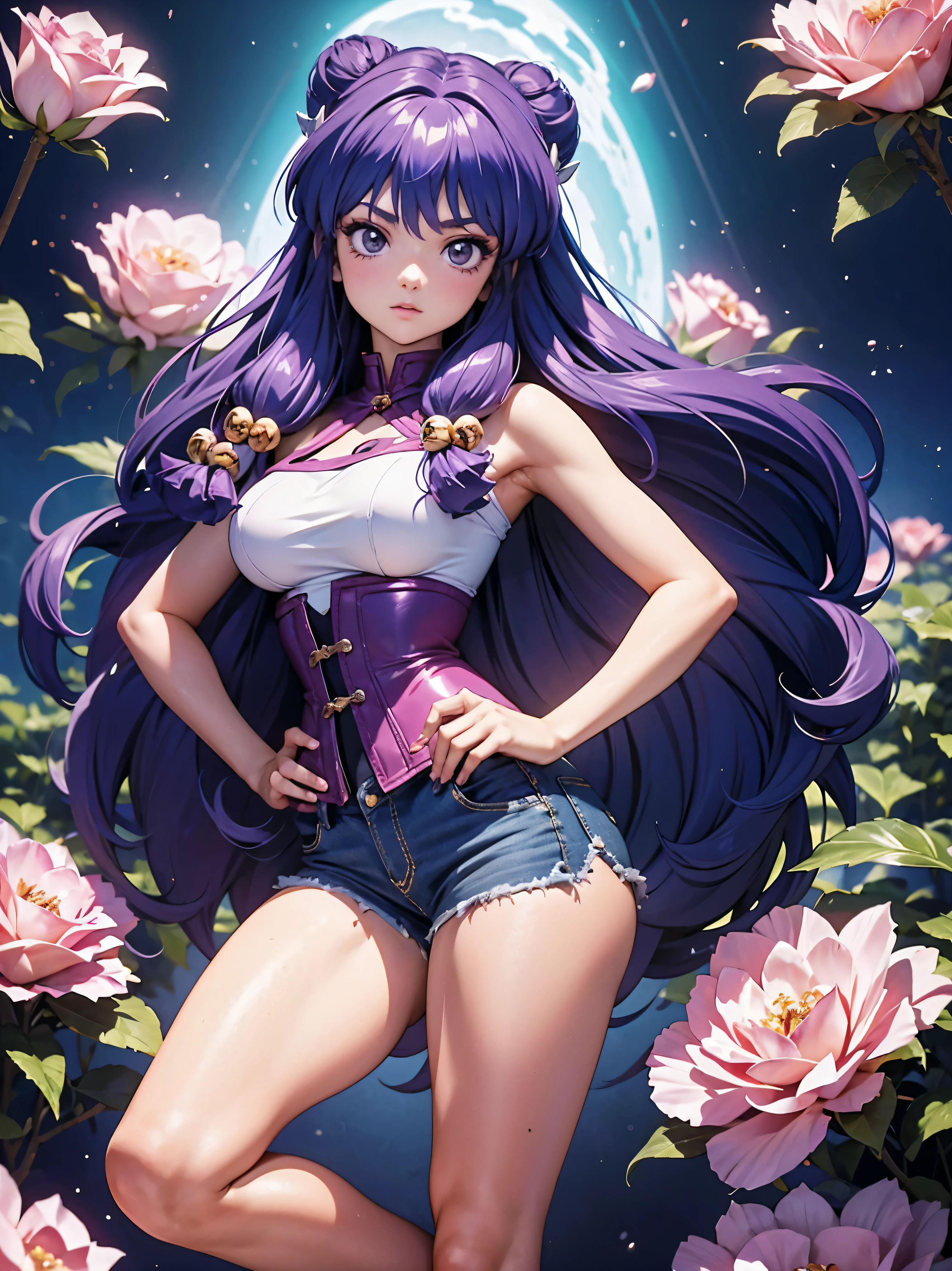 Anime cabelo purple com short jeans e corset rosa pink, 16 anos, corpo bonito, seios grandes, with hands on hips and in hair, hand on ass and hair, Garota sexy, purple cabelo, mechas de cabelo laterais, mechas de cabelo na lateral do rosto, beautiful lighting, sombras suaves, olhos azuis, pernas bonitas, cabelo longo purple, estilo anime, personagem Shampoo Chan, Autora Rumiko Takahashi, Baseado em obra de Rumiko Takahashi, Anime Ranma 1/ 2, decote sexy, quadril robusto, corpo inteiro, corpo inteiro, busto grande, garota jovem com corpo belo e bonito, sandals on his feet, garota 16 anos jovem, usando short jeans e corset pink rosa brilhante, garota anime, estilo anime, beautiful feet in sandals, 45° viewing angle, ao ar livre, peito grande, seios bonitos, cabelo purple, sandals on the feet, pernas bonitas, sexy