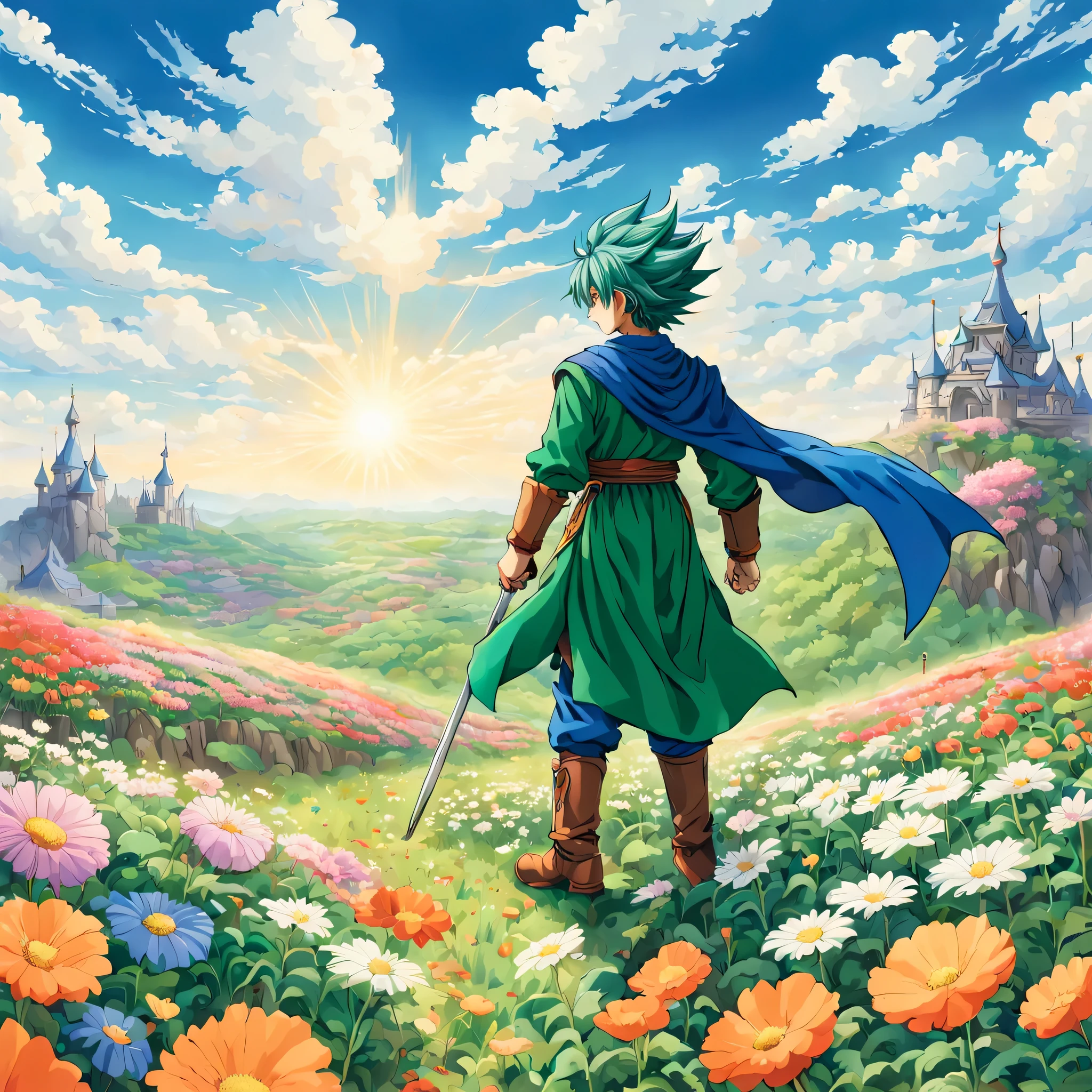 一面の花畑のWind景,The main character stands in the center of the flower garden:dragon quest 4,dragon quest 4の主人公:Rear view:male:************,Costume of the brave:be familiar with,He has no time left for sentimentality..,I have to leave this place as soon as possible..,deep sadness of losing a loved one,Very beautiful flower garden,Wind,petals dance,A work of art that moves the viewer,tears,Expressing deep sadness with the beauty of a flower garden,lament,masterpiece,最高masterpiece,digital art,anime,be familiar with,flash,とてもflash,鳥山明の画Wind,flower garden on the cliff,vast land below,I see the city in the distance,beautiful blue sky,emerald green hair:natural perm,dream-like,rendering,On the day of departure,farewell,beautiful light and shadow,those who are guided