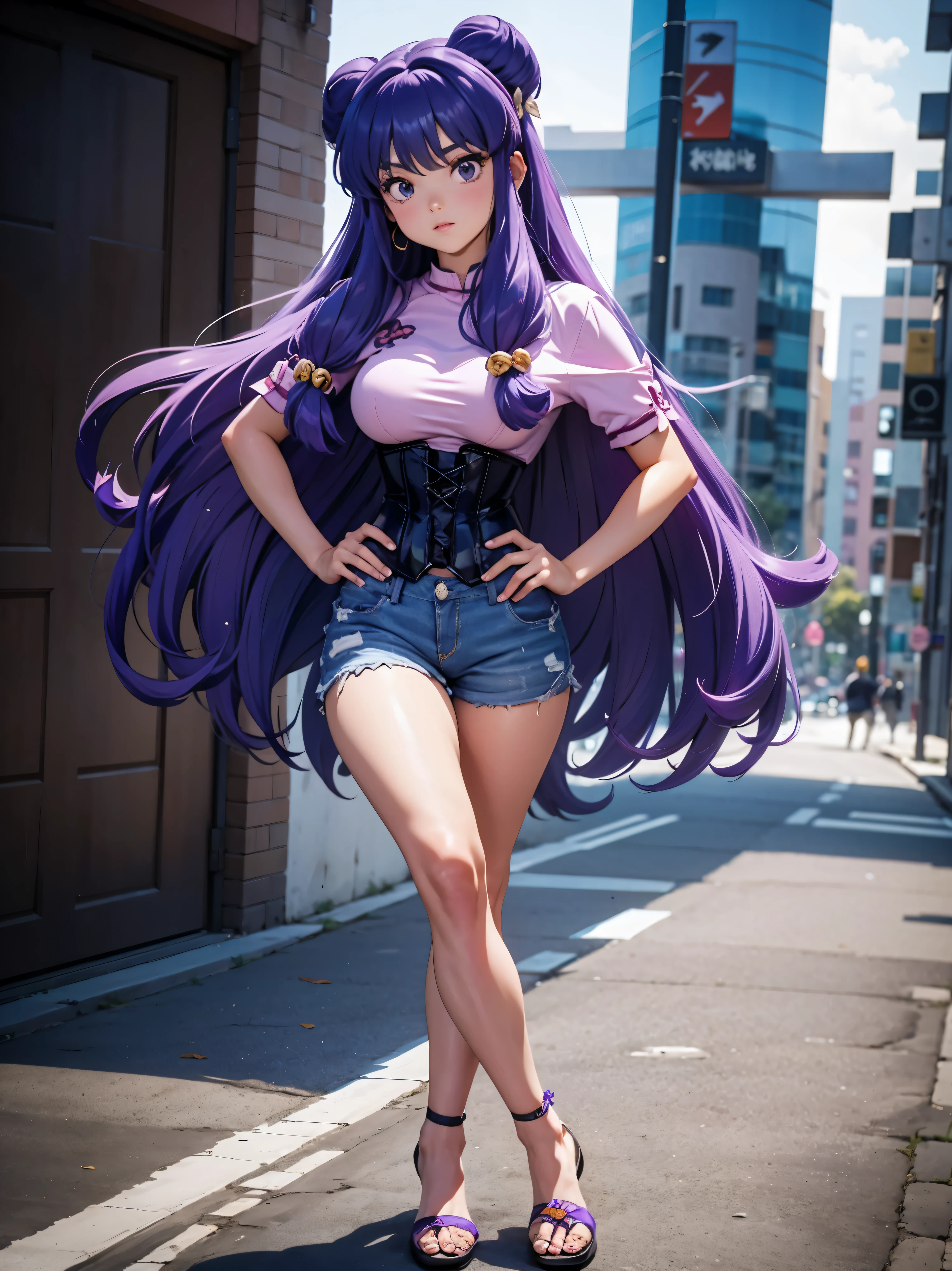 Anime cabelo purple com short jeans e corset rosa pink, , corpo bonito, seios grandes, with hands on hips and in hair, hand on ass and hair, Garota sexy, purple cabelo, mechas de cabelo laterais, mechas de cabelo na lateral do rosto, beautiful lighting, sombras suaves, olhos azuis, pernas bonitas, cabelo longo purple, estilo anime, personagem Shampoo Chan, Autora Rumiko Takahashi, Baseado em obra de Rumiko Takahashi, Anime Ranma 1/ 2, decote sexy, quadril robusto, corpo inteiro, corpo inteiro, busto grande, garota jovem com corpo belo e bonito, sandals on his feet, garota 16 anos usando short jeans e corset pink rosa brilhante, garota anime, estilo anime, beautiful feet in sandals, 45° viewing angle, ao ar livre, peito grande, seios bonitos, cabelo purple, sandals on the feet, pernas bonitas, sexy