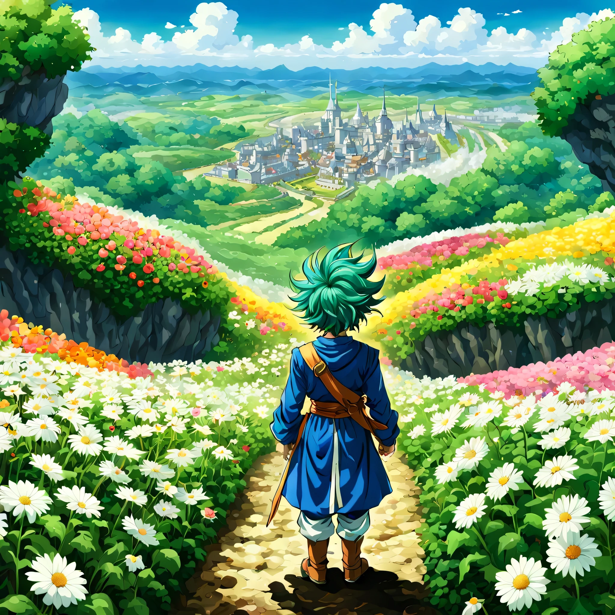 一面の花畑のWind景,The main character stands in the center of the flower garden:dragon quest 4,dragon quest 4の主人公:Rear view:male:17 years old,Costume of the brave:be familiar with,He has no time left for sentimentality..,I have to leave this place as soon as possible..,deep sadness of losing a loved one,Very beautiful flower garden,Wind,petals dance,A work of art that moves the viewer,tears,Expressing deep sadness with the beauty of a flower garden,lament,masterpiece,最高masterpiece,digital art,anime,be familiar with,flash,とてもflash,鳥山明の画Wind,flower garden on the cliff,vast land below,I see the city in the distance,beautiful blue sky,emerald green hair:natural perm,dream-like,rendering,On the day of departure,farewell,beautiful light and shadow,those who are guided