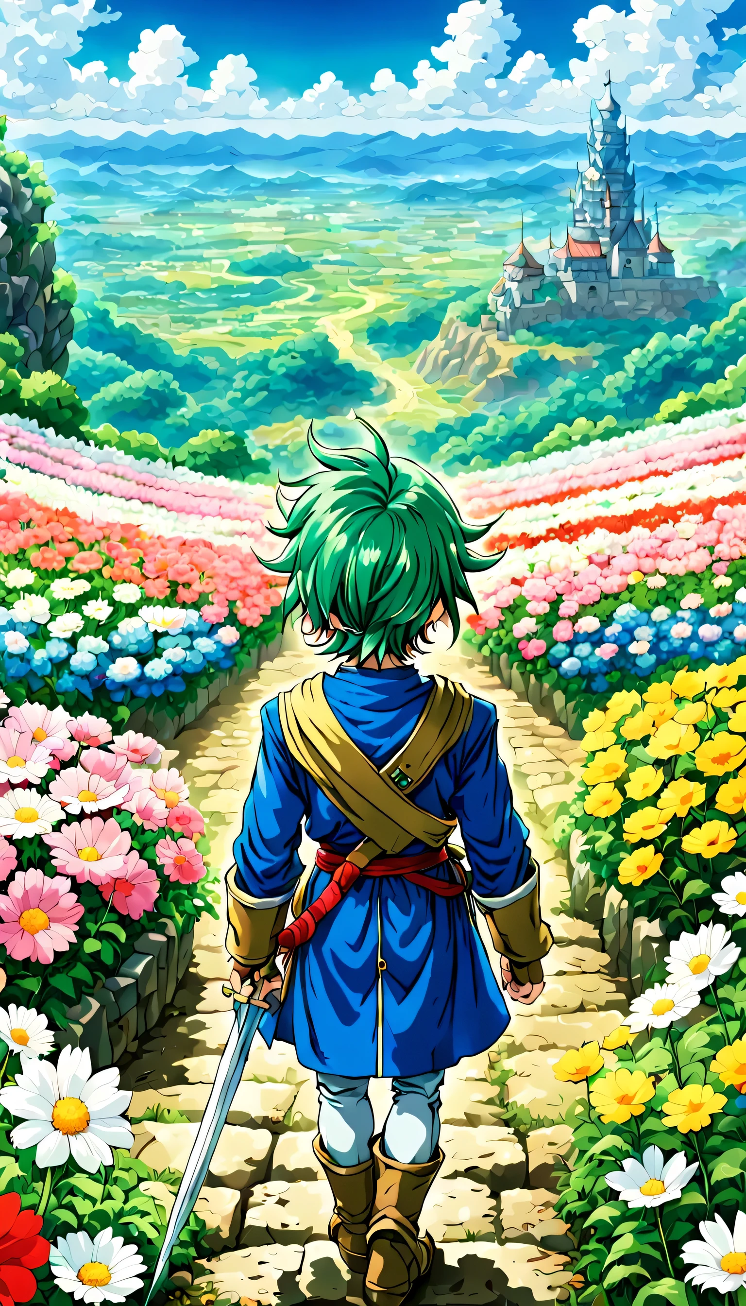 一面の花畑のWind景,The main character stands in the center of the flower garden:dragon quest 4,dragon quest 4の主人公:Rear view:male:17 years old,Costume of the brave:be familiar with,He has no time left for sentimentality..,I have to leave this place as soon as possible..,deep sadness of losing a loved one,Very beautiful flower garden,Wind,petals dance,A work of art that moves the viewer,tears,Expressing deep sadness with the beauty of a flower garden,lament,masterpiece,最高masterpiece,digital art,anime,be familiar with,flash,とてもflash,鳥山明の画Wind,flower garden on the cliff,vast land below,I see the city in the distance,beautiful blue sky,emerald green hair:natural perm,dream-like,rendering,On the day of departure,farewell,beautiful light and shadow,those who are guided