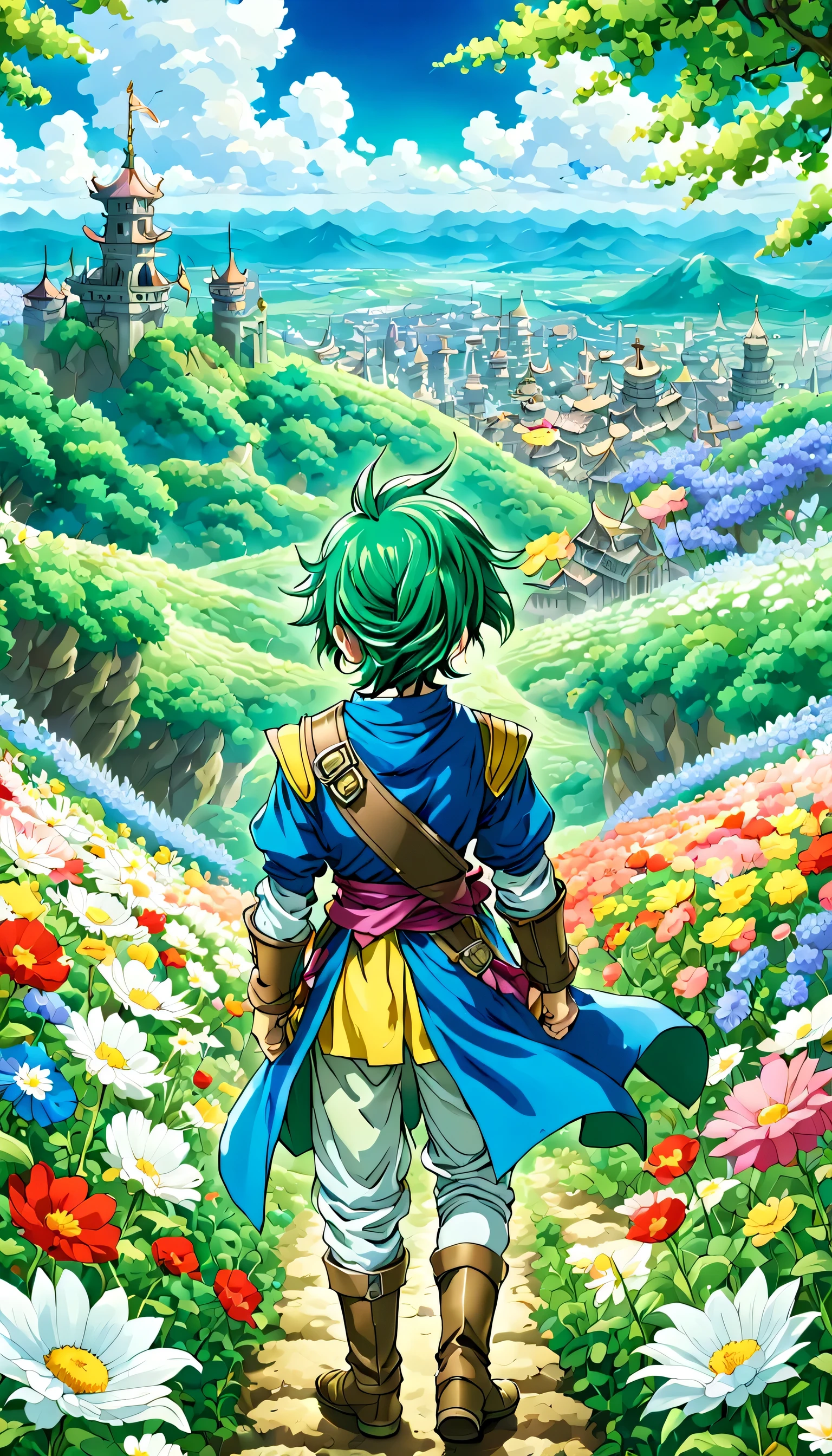 一面の花畑のWind景,The main character stands in the center of the flower garden:dragon quest 4,dragon quest 4の主人公:Rear view:male:17 years old,Costume of the brave:be familiar with,He has no time left for sentimentality..,I have to leave this place as soon as possible..,deep sadness of losing a loved one,Very beautiful flower garden,Wind,petals dance,A work of art that moves the viewer,tears,Expressing deep sadness with the beauty of a flower garden,lament,masterpiece,最高masterpiece,digital art,anime,be familiar with,flash,とてもflash,鳥山明の画Wind,flower garden on the cliff,vast land below,I see the city in the distance,beautiful blue sky,emerald green hair:natural perm,dream-like,rendering,On the day of departure,farewell,beautiful light and shadow,those who are guided