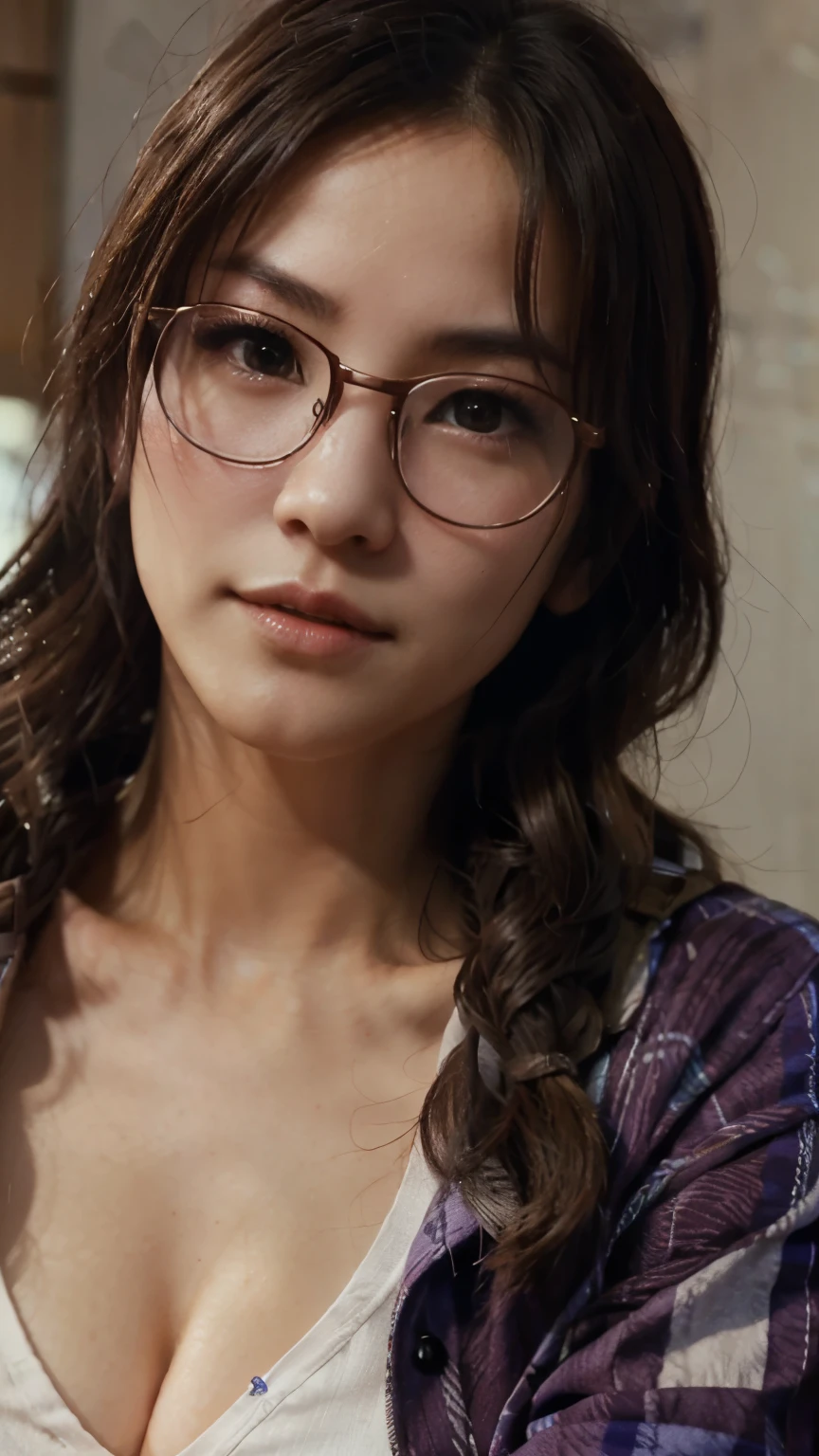 Julia chang from tekken. Purple flannl. Glasses.