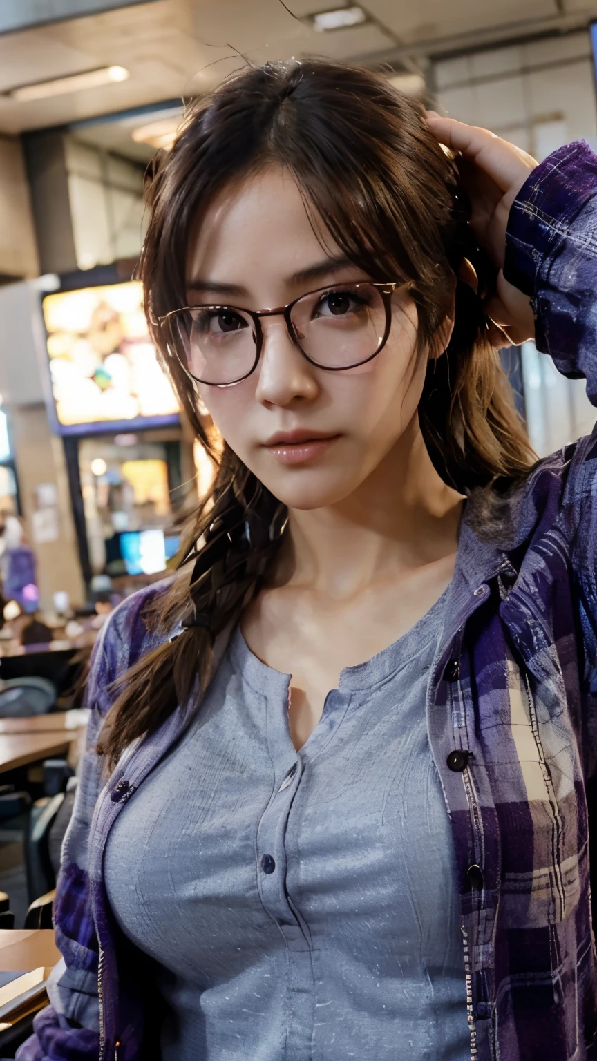 Julia chang from tekken. Purple flannl. Glasses.