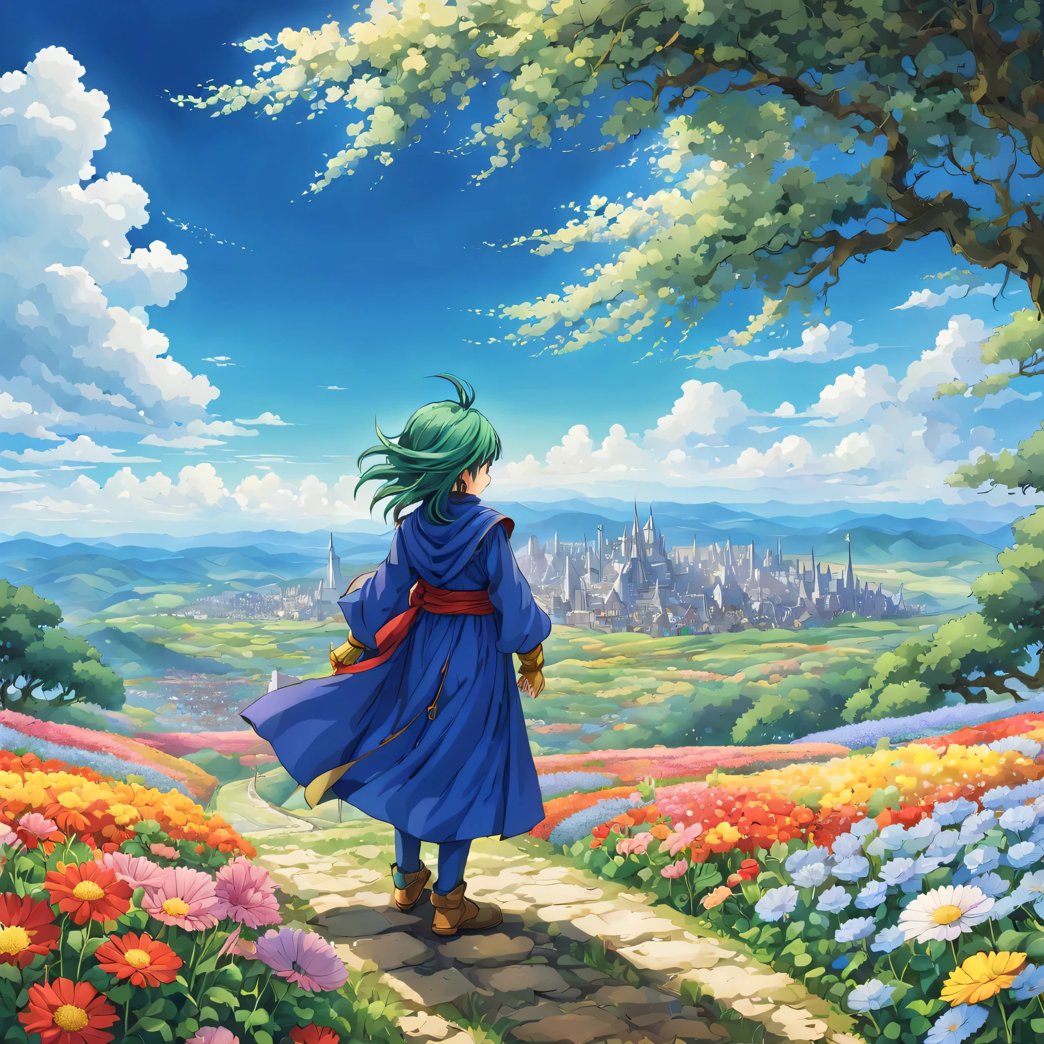 一面の花畑のWind景,The main character stands in the center of the flower garden:dragon quest 4,dragon quest 4の主人公:Rear view:male:,Costume of the brave:be familiar with,He has no time left for sentimentality..,I have to leave this place as soon as possible..,deep sadness of losing a loved one,Very beautiful flower garden,Wind,petals dance,A work of art that moves the viewer,tears,Expressing deep sadness with the beauty of a flower garden,lament,masterpiece,最高masterpiece,digital art,anime,be familiar with,flash,とてもflash,鳥山明の画Wind,flower garden on the cliff,vast land below,I see the city in the distance,beautiful blue sky,emerald green hair:natural perm,dream-like,rendering,On the day of departure,farewell,beautiful light and shadow,those who are guided