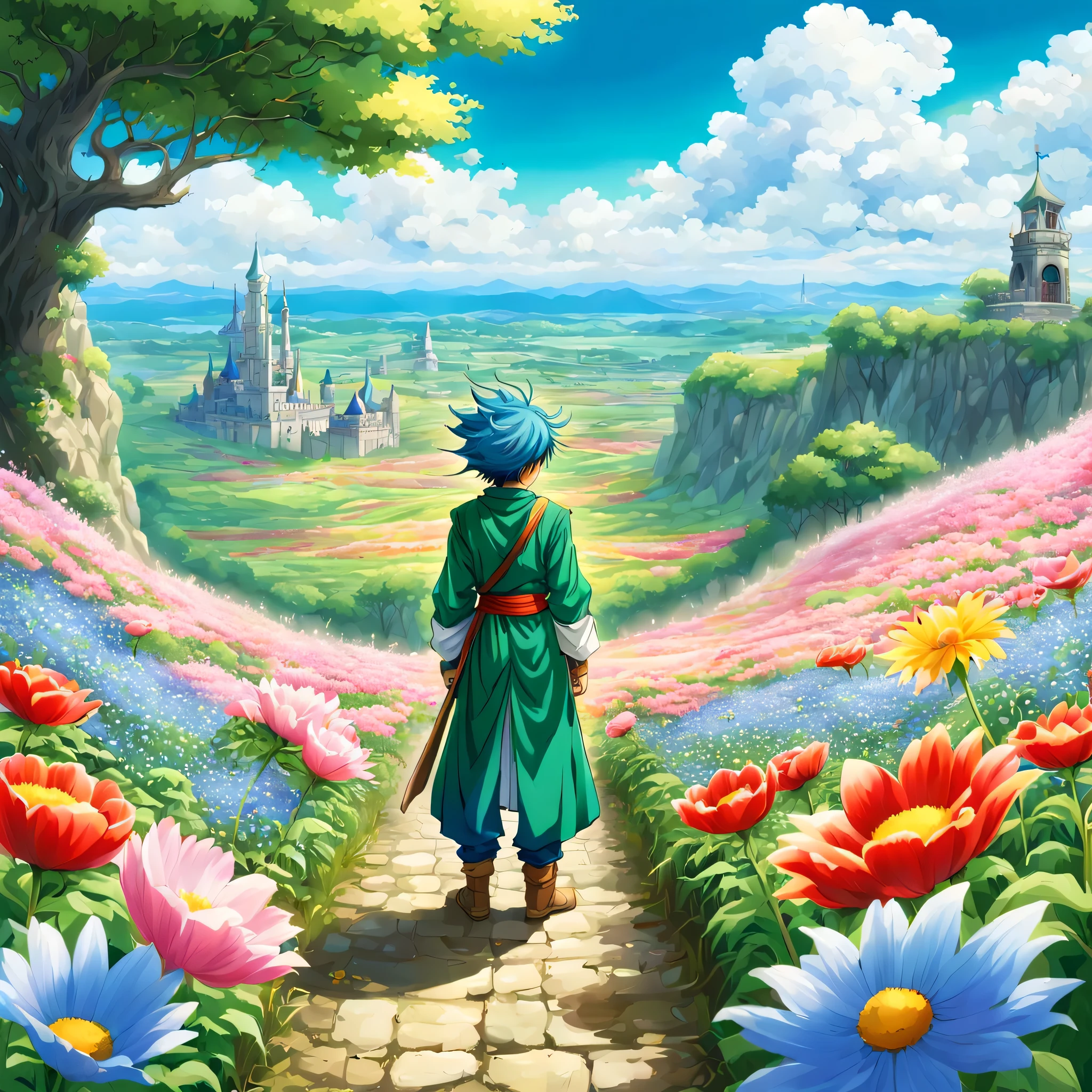 一面の花畑のWind景,The main character stands in the center of the flower garden:dragon quest 4,dragon quest 4の主人公:Rear view:male:************,Costume of the brave:be familiar with,He has no time left for sentimentality..,I have to leave this place as soon as possible..,deep sadness of losing a loved one,Very beautiful flower garden,Wind,petals dance,A work of art that moves the viewer,tears,Expressing deep sadness with the beauty of a flower garden,lament,masterpiece,最高masterpiece,digital art,anime,be familiar with,flash,とてもflash,鳥山明の画Wind,flower garden on the cliff,vast land below,I see the city in the distance,beautiful blue sky,emerald green hair:natural perm,dream-like,rendering,On the day of departure,farewell,beautiful light and shadow,those who are guided