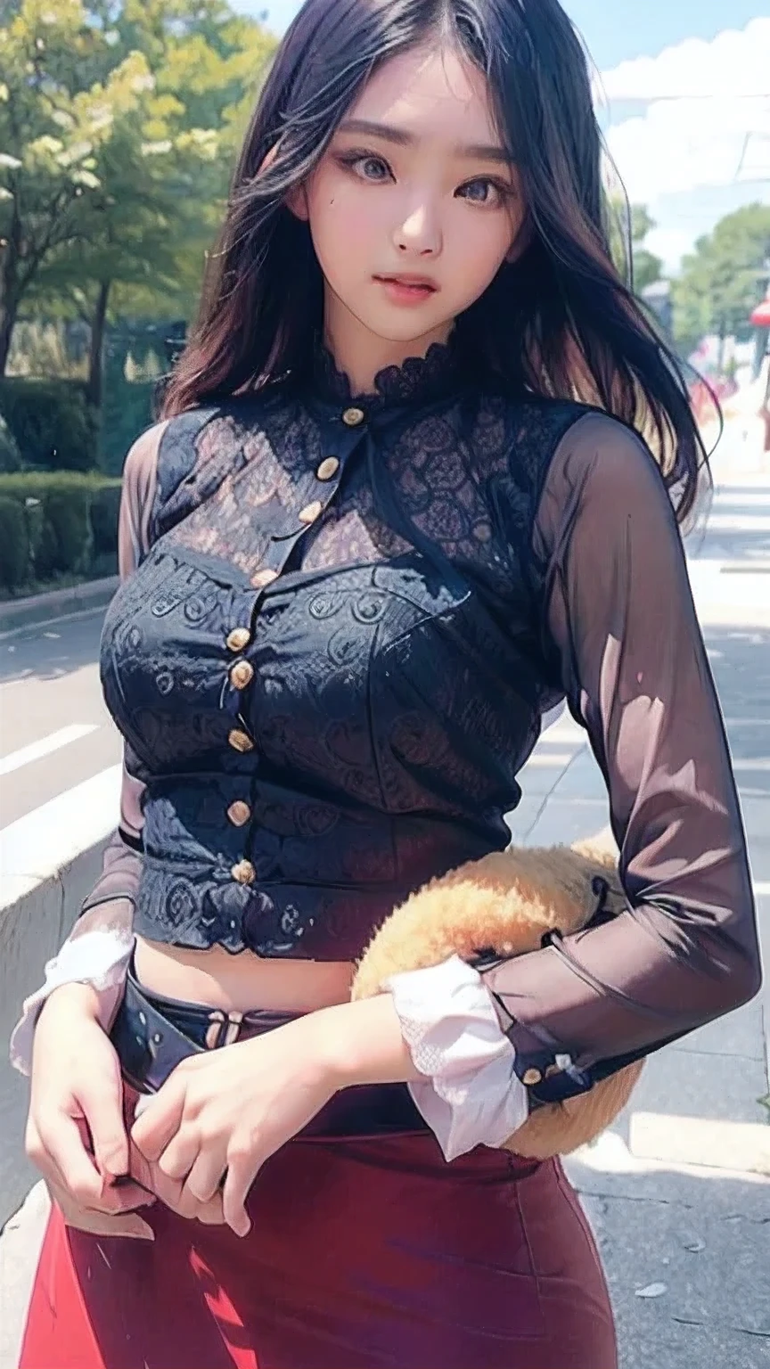 ((best quality)), ((masterpiece)), ((ultra-detailed)), extremely detailed CG, (illustration), ((detailed light)), (an extremely delicate and beautiful), a girl, (22 year old)), solo, ((cute face)), ((upper body including waist)), expressionless, (beautiful detailed eyes), (Vertical pupil:1.2), depth of field, wearing acmm top, red acmm top, long sleeves, wearing acmm long skirt, red acmm long skirt, printed skirt, outdoors, sun lighting.