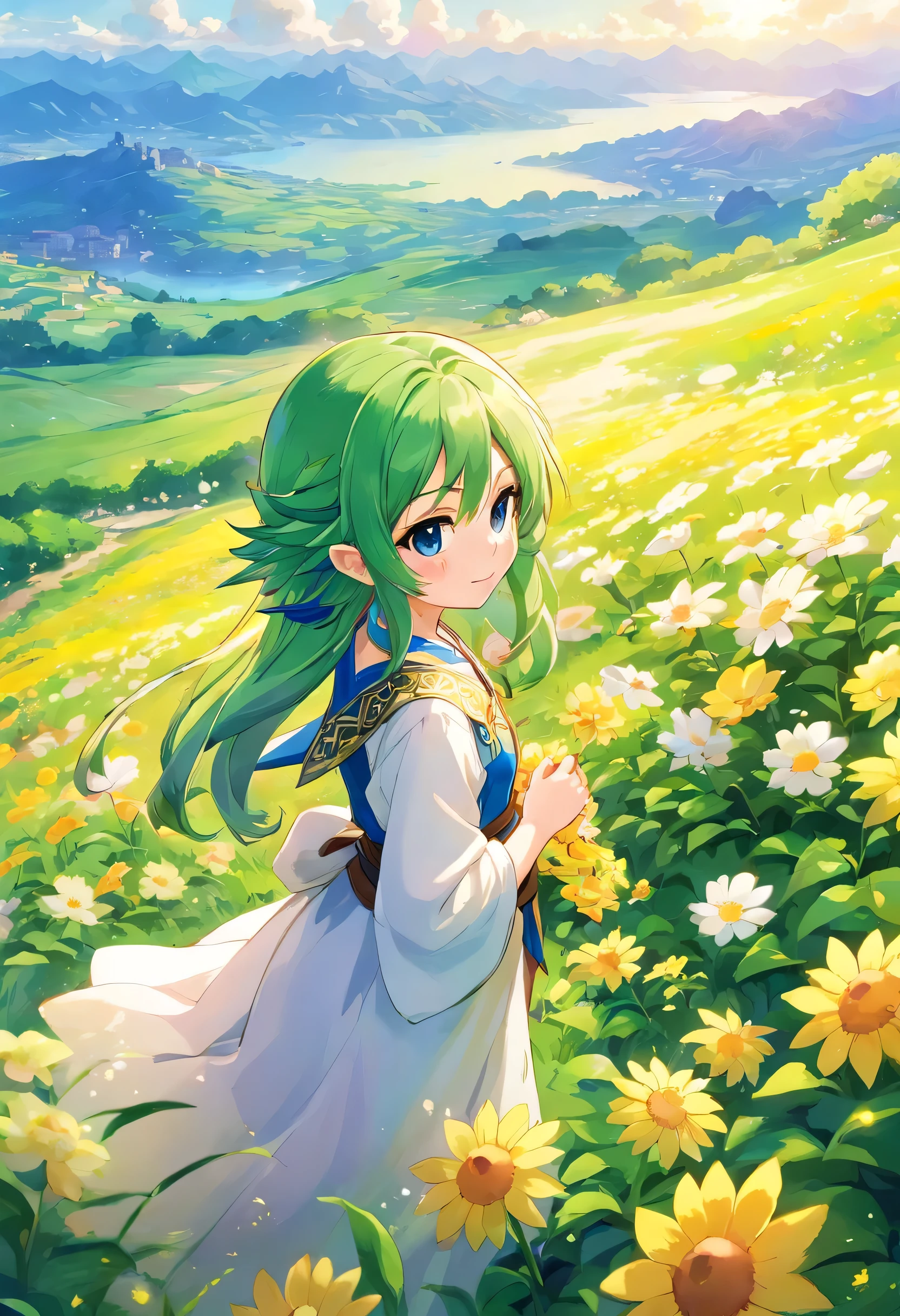 一面の花畑のWind景,The main character stands in the center of the flower garden:dragon quest 4,dragon quest 4の主人公:Rear view,Costume of the brave:be familiar with,He has no time left for sentimentality..,I have to leave this place as soon as possible..,deep sadness of losing a loved one,Very beautiful flower garden,Wind,petals dance,A work of art that moves the viewer,tears,Expressing deep sadness with the beauty of a flower garden,lament,masterpiece,最高masterpiece,digital art,anime,be familiar with,flash,とてもflash,鳥山明の画Wind,I can see the sign in the distance