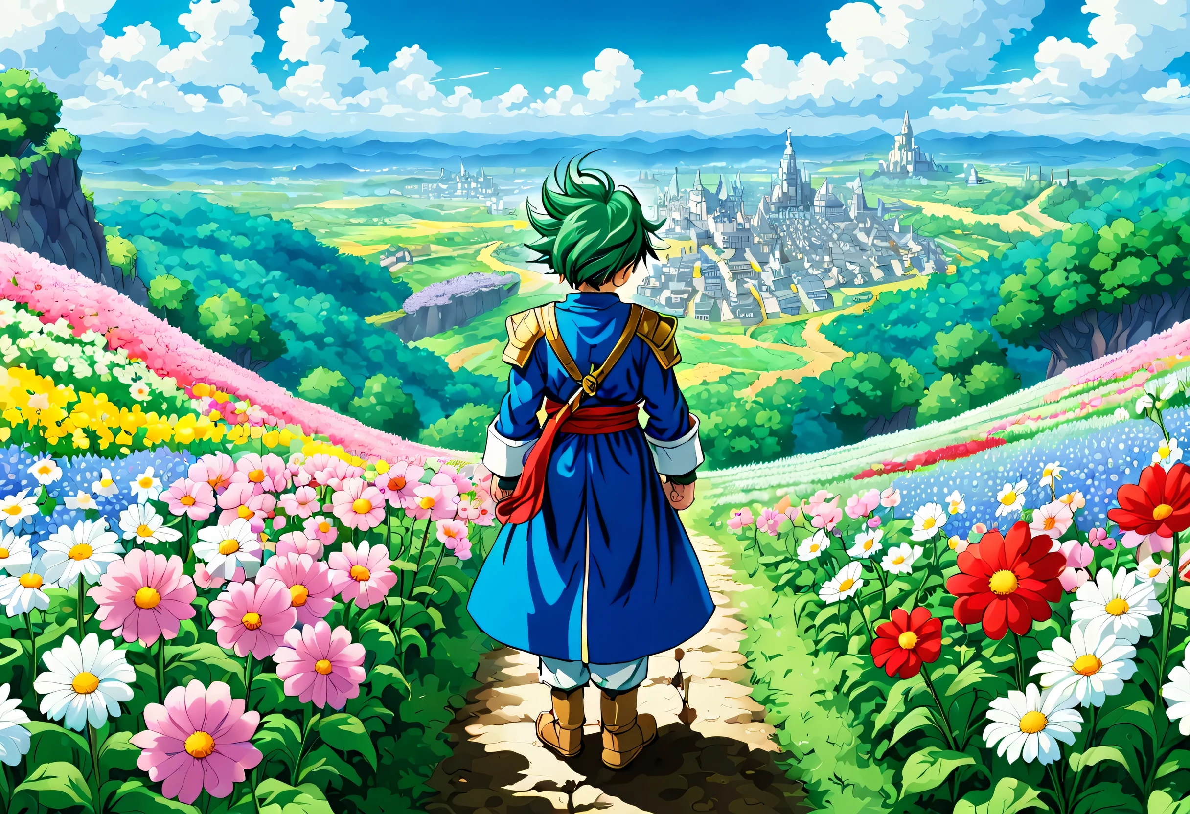 一面の花畑のWind景,The main character stands in the center of the flower garden:dragon quest 4,dragon quest 4の主人公:Rear view:male:17 years old,Costume of the brave:be familiar with,He has no time left for sentimentality..,I have to leave this place as soon as possible..,deep sadness of losing a loved one,Very beautiful flower garden,Wind,petals dance,A work of art that moves the viewer,tears,Expressing deep sadness with the beauty of a flower garden,lament,masterpiece,最高masterpiece,digital art,anime,be familiar with,flash,とてもflash,鳥山明の画Wind,flower garden on the cliff,vast land below,I see the city in the distance,beautiful blue sky,emerald green hair:natural perm,dream-like,rendering,On the day of departure,farewell,beautiful light and shadow,those who are guided