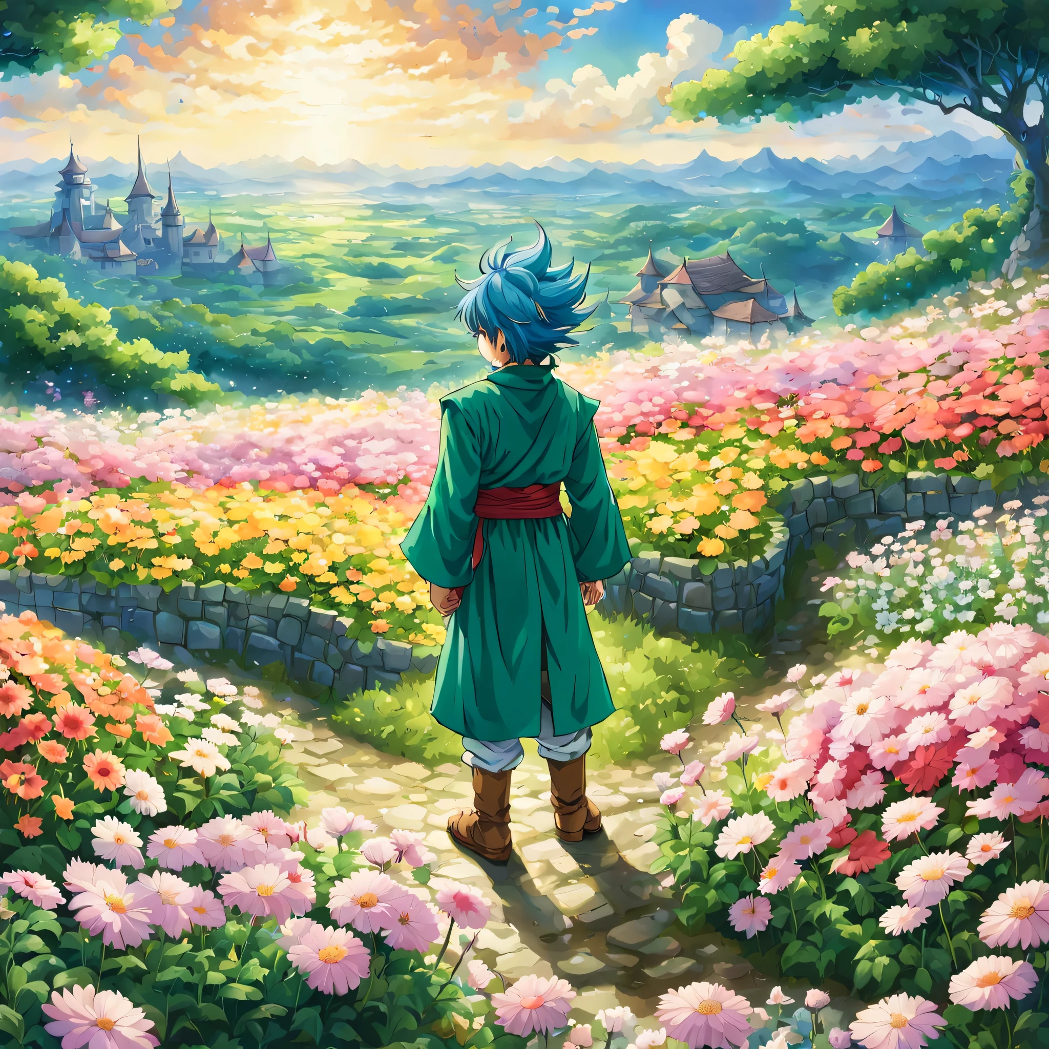 一面の花畑のWind景,The main character stands in the center of the flower garden:dragon quest 4,dragon quest 4の主人公:Rear view,Costume of the brave:be familiar with,He has no time left for sentimentality..,I have to leave this place as soon as possible..,deep sadness of losing a loved one,Very beautiful flower garden,Wind,petals dance,A work of art that moves the viewer,tears,Expressing deep sadness with the beauty of a flower garden,lament,masterpiece,最高masterpiece,digital art,anime,be familiar with,flash,とてもflash,鳥山明の画Wind,I can see the sign in the distance