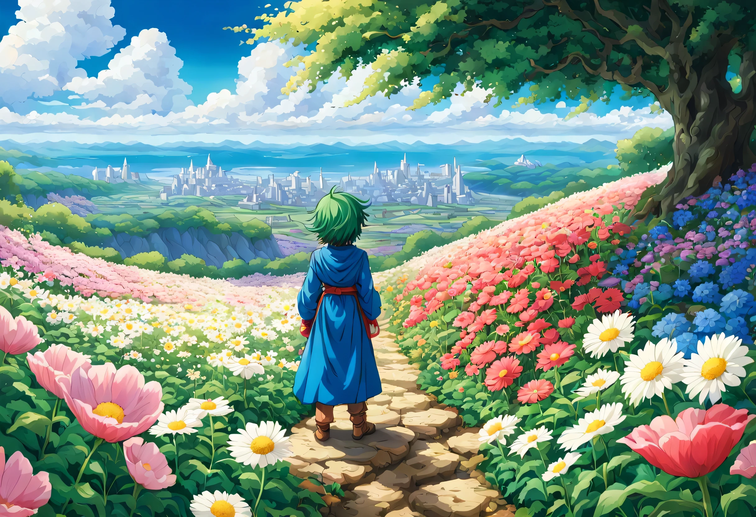 一面の花畑のWind景,The main character stands in the center of the flower garden:dragon quest 4,dragon quest 4の主人公:Rear view:male:17 years old,Costume of the brave:be familiar with,He has no time left for sentimentality..,I have to leave this place as soon as possible..,deep sadness of losing a loved one,Very beautiful flower garden,Wind,petals dance,A work of art that moves the viewer,tears,Expressing deep sadness with the beauty of a flower garden,lament,masterpiece,最高masterpiece,digital art,anime,be familiar with,flash,とてもflash,鳥山明の画Wind,flower garden on the cliff,vast land below,I see the city in the distance,beautiful blue sky,emerald green hair:natural perm,dream-like,rendering,On the day of departure,farewell,beautiful light and shadow,those who are guided