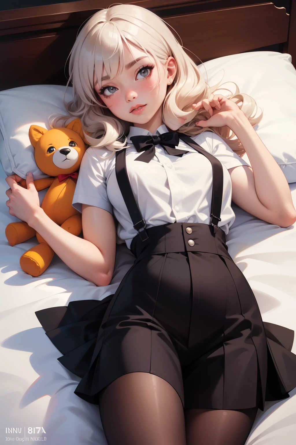 best qyality, perky tits, 8k, hdr, stocking suspenders,Anime character lying on the bed with a doll and a soft toy, seductive anime girl, ecchi, beautiful charming anime woman, ilya kuvshinov. 4K, Murata range and Artgerm, Hinata Hyuga, (ilya kuvshinov), extremely detailed artgerm, artgerm and ilya kuvshinov