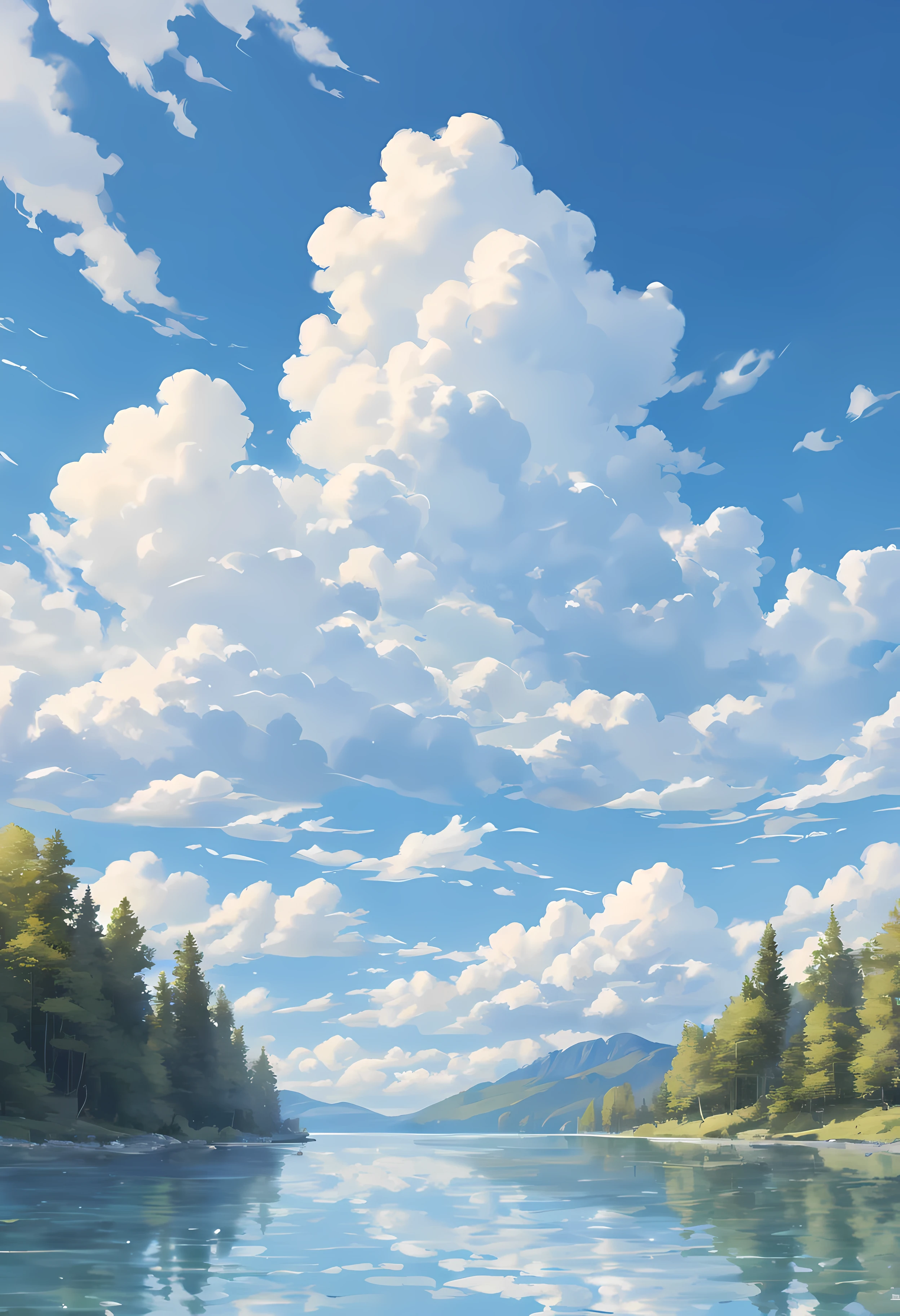 masterpiece, best quality, high quality, landscape, Outdoor sports, Sky, cloud, blue Sky, clear lake water, (blue Sky and white cloud 1.6), (The cloud is rich in detail: 1.3), 8K quality