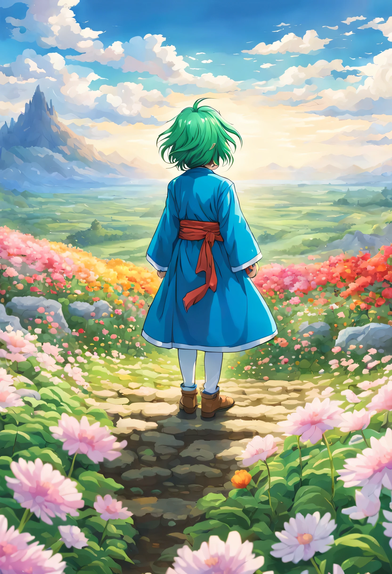 一面の花畑のWind景,The main character stands in the center of the flower garden:dragon quest 4,dragon quest 4の主人公:Rear view:male:,Costume of the brave:be familiar with,He has no time left for sentimentality..,I have to leave this place as soon as possible..,deep sadness of losing a loved one,Very beautiful flower garden,Wind,petals dance,A work of art that moves the viewer,tears,Expressing deep sadness with the beauty of a flower garden,lament,masterpiece,最高masterpiece,digital art,anime,be familiar with,flash,とてもflash,鳥山明の画Wind,flower garden on the cliff,vast land below,I see the city in the distance,beautiful blue sky,emerald green hair:natural perm,dream-like,rendering,On the day of departure,farewell,beautiful light and shadow,those who are guided