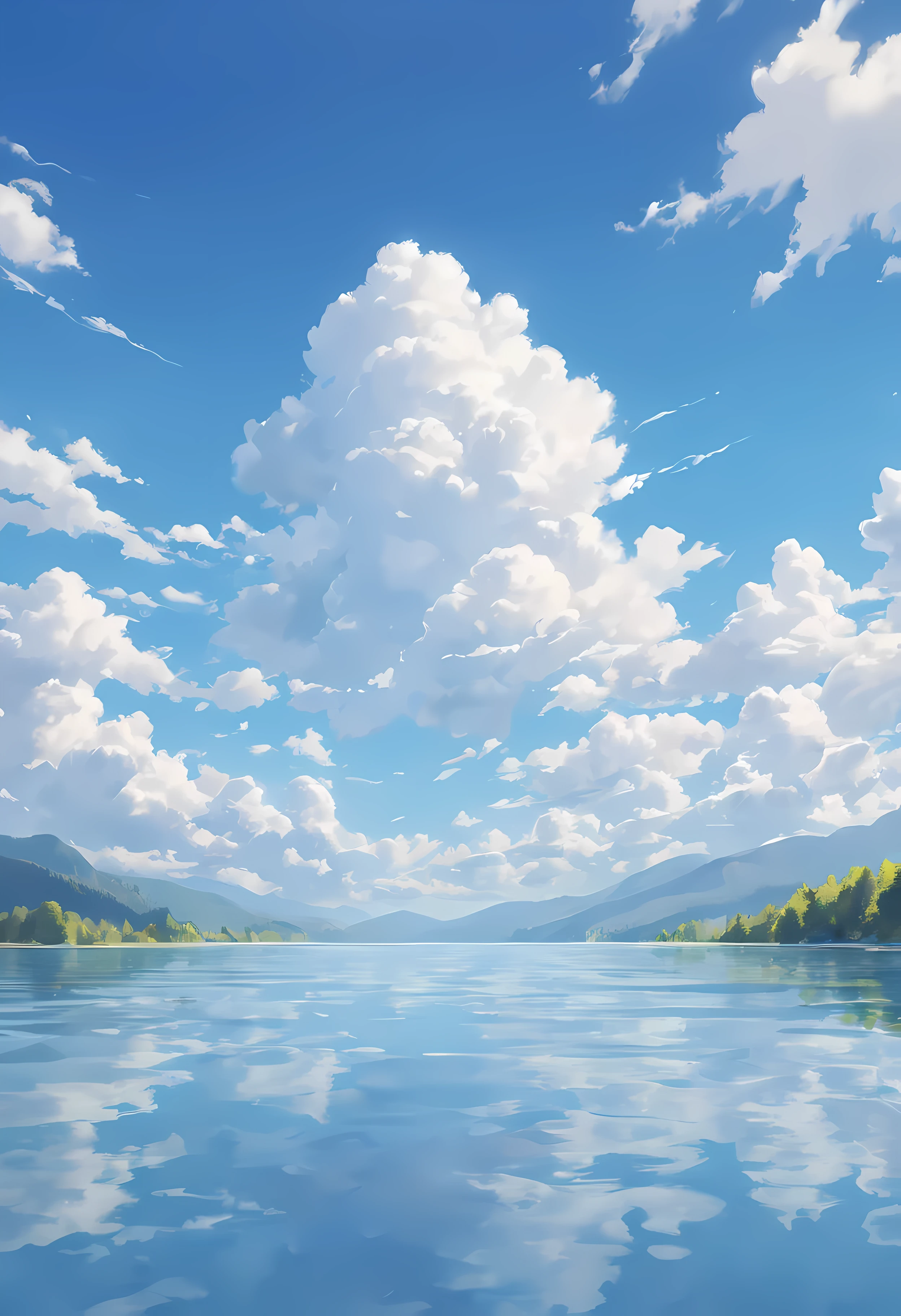 masterpiece, best quality, high quality, landscape, Outdoor sports, Sky, cloud, blue Sky, clear lake water, (blue Sky and white cloud 1.6), (The cloud is rich in detail: 1.3), 8K quality