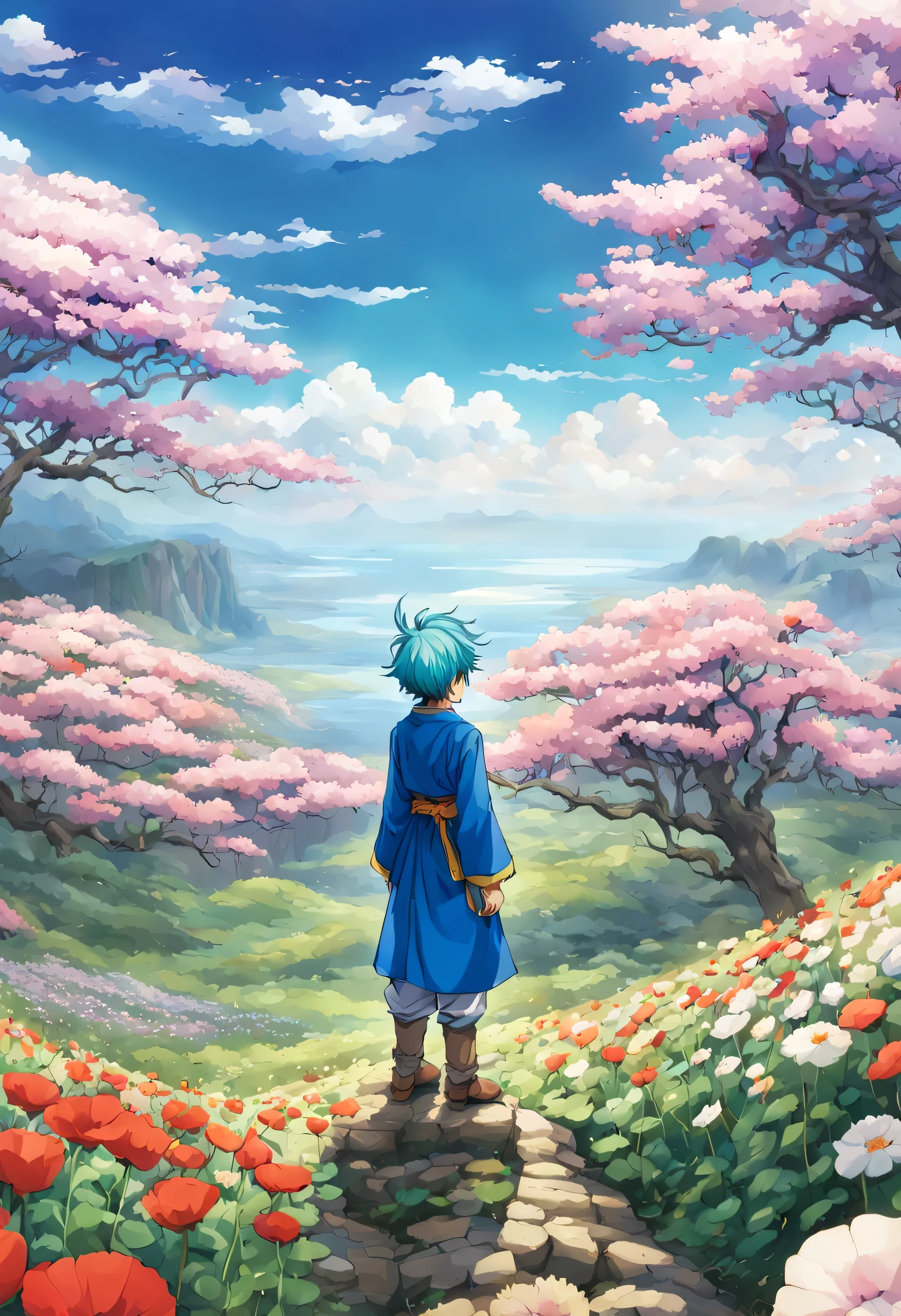 一面の花畑のWind景,The main character stands in the center of the flower garden:dragon quest 4,dragon quest 4の主人公:Rear view:male:,Costume of the brave:be familiar with,He has no time left for sentimentality..,I have to leave this place as soon as possible..,deep sadness of losing a loved one,Very beautiful flower garden,Wind,petals dance,A work of art that moves the viewer,tears,Expressing deep sadness with the beauty of a flower garden,lament,masterpiece,最高masterpiece,digital art,anime,be familiar with,flash,とてもflash,鳥山明の画Wind,flower garden on the cliff,vast land below,I see the city in the distance,beautiful blue sky,emerald green hair:natural perm,dream-like,rendering,On the day of departure,farewell,beautiful light and shadow,those who are guided