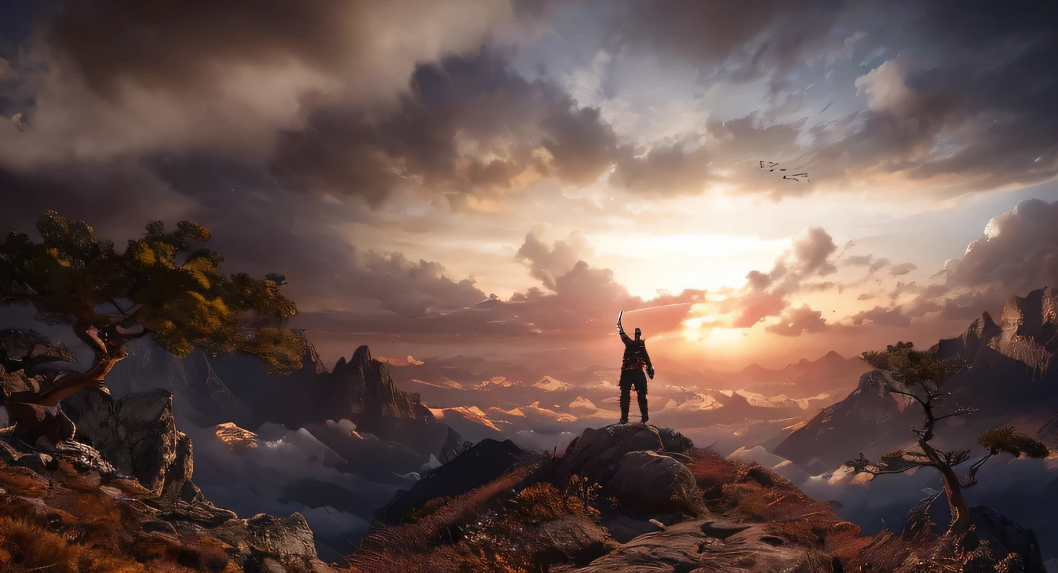 有一个人Standing on the top of the mountain上,raise arms, Unreal engine 4k wallpaper, largest river, Unreal Engine 5 rendering drama, a wanderer in the mountains, Inspired by Johfra Bosschart, photography concept art, Victory over the hill, Epic cinematic matte painting, Standing on the top of the mountain, Stunningly realistic concept art