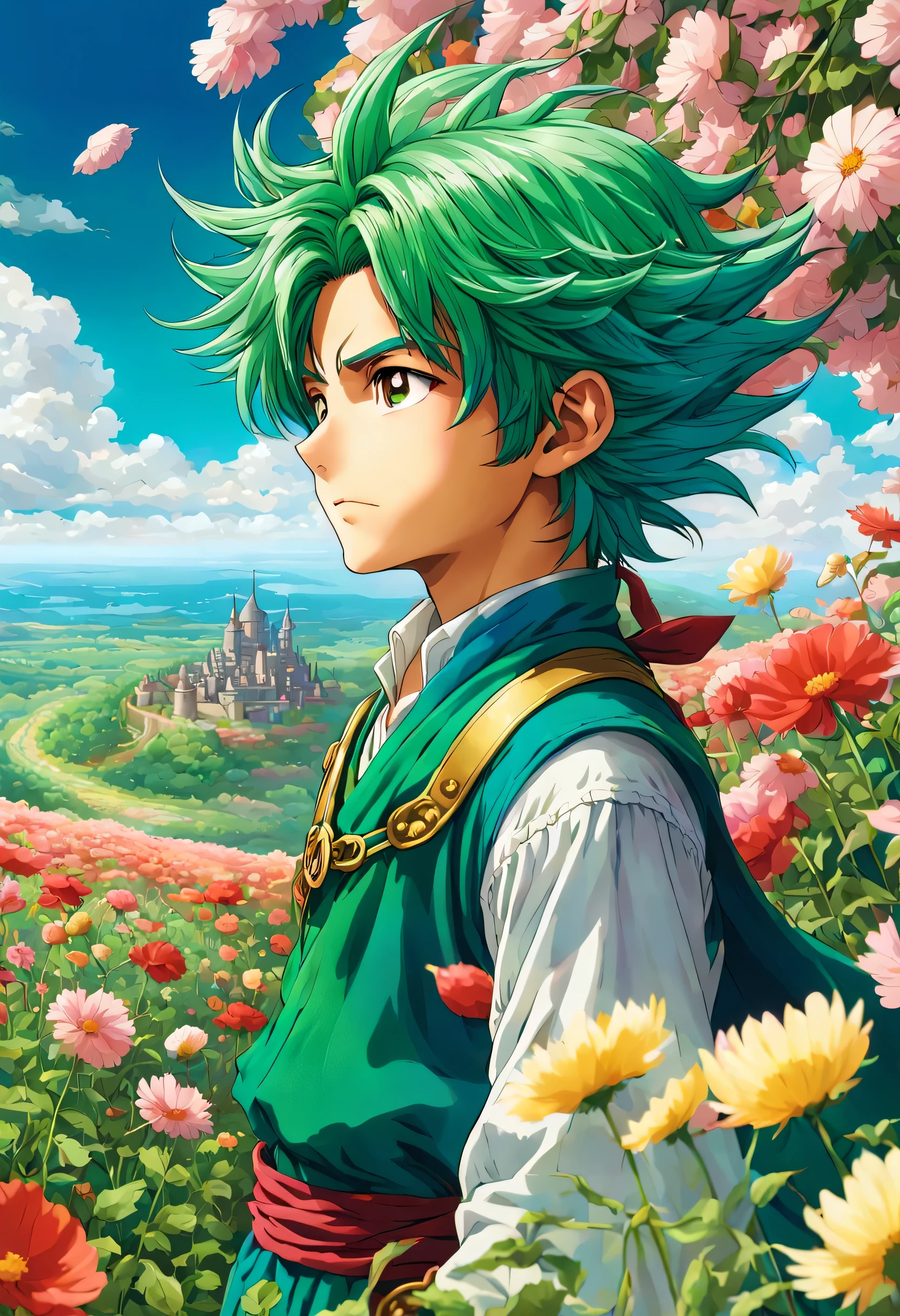 一面の花畑のWind景,The main character stands in the center of the flower garden:dragon quest 4,dragon quest 4の主人公:Rear view,Costume of the brave:be familiar with,He has no time left for sentimentality..,I have to leave this place as soon as possible..,deep sadness of losing a loved one,Very beautiful flower garden,Wind,petals dance,A work of art that moves the viewer,tears,Expressing deep sadness with the beauty of a flower garden,lament,masterpiece,最高masterpiece,digital art,anime,be familiar with,flash,とてもflash,鳥山明の画Wind,I can see the sign in the distance