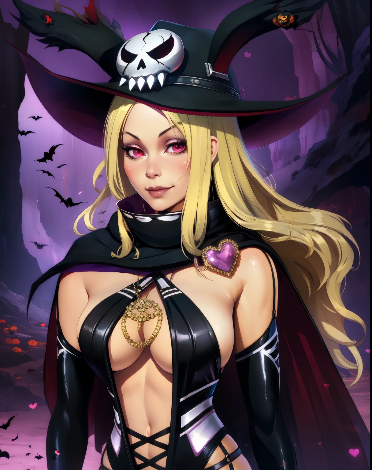 Shiki,long blonde hair,red eyes,standing,solo,upper body,smiling,c,
witch hat,elbow gloves,cape,black thighhighs,garter straps,leotard with white pattern,jewelry,skull ornament,necklace,heart,
dark cave,Halloween,purple sky,
standing,upper body,
(insanely detailed, beautiful detailed face, masterpiece, best quality) cinematic lighting,