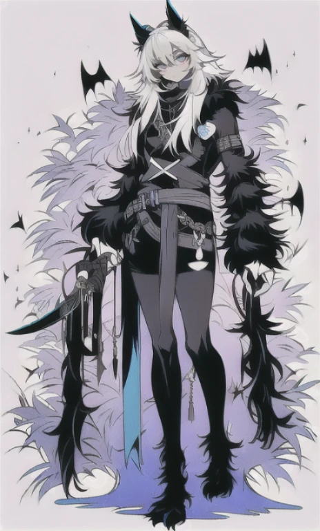 solo, 1boy,「white hair,cerulean blue」long hair, Demon knife, {{nighthawk mask}},  There&#39;s a man wearing a costume, {fox tail,}Apparition {one wing} Farson!!!!, furry Farson, furry characters, furry anime, Farson, furry paws furry, Furry shots, there is nothing, very hairy, furry artist, upright, [[[Anthropomorphic Nue]]] virtual youtuber, full body
