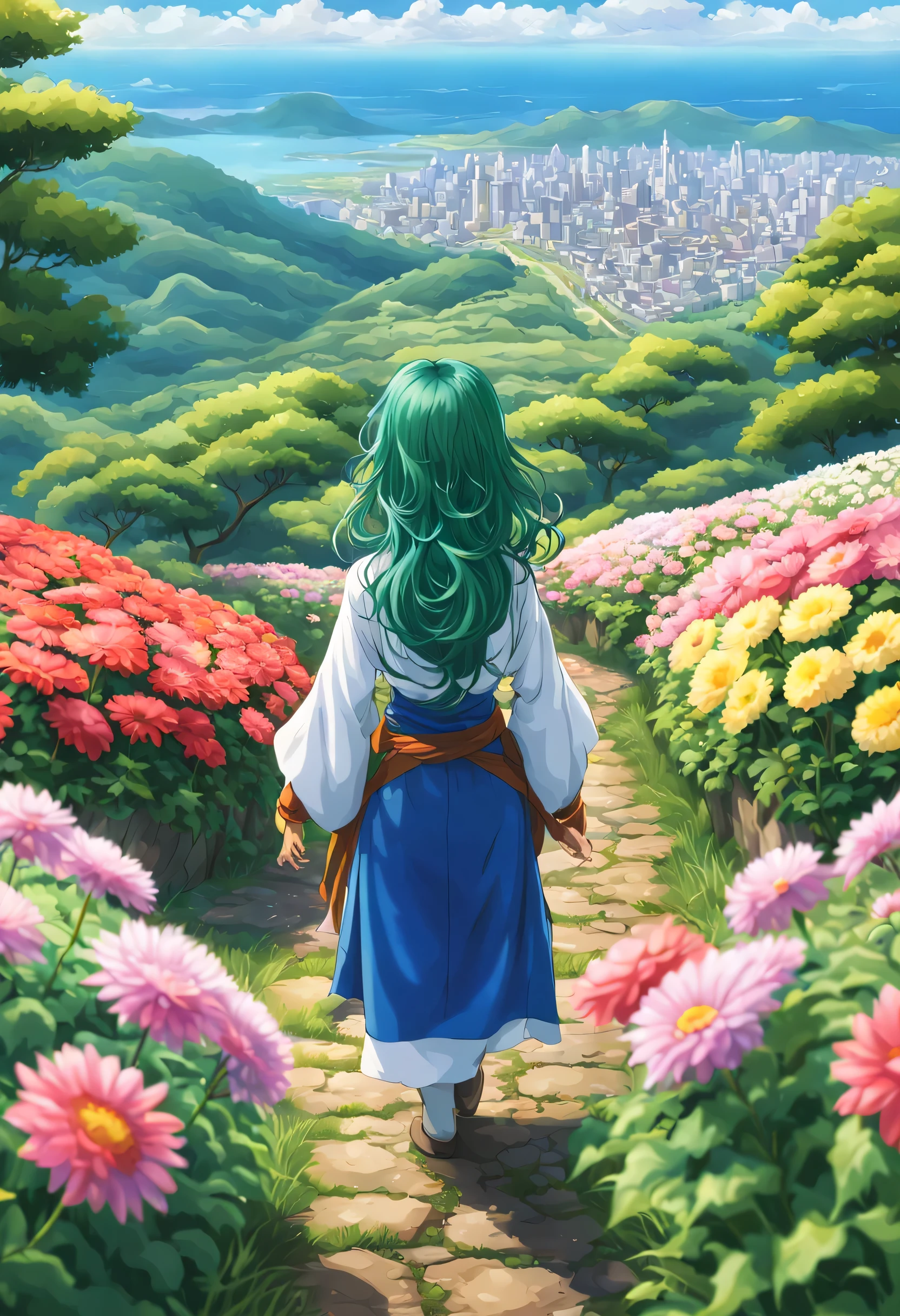一面の花畑のWind景,花畑の中央に立っているBrave:dragon quest 4,Brave:Rear view,Braveの衣装:be familiar with,He has no time left for sentimentality..,I have to leave this place as soon as possible..,deep sadness of losing a loved one,Very beautiful flower garden,Wind,petals dance,A work of art that moves the viewer,tears,Expressing deep sadness with the beauty of a flower garden,lament,masterpiece,最高masterpiece,digital art,anime,be familiar with,flash,とてもflash,鳥山明の画Wind,flower garden on the cliff,vast land below,I see the city in the distance,beautiful blue sky,emerald green hair:natural perm,dream-like,rendering,On the day of departure,farewell,beautiful light and shadow,those who are guided,Consists of short flowers