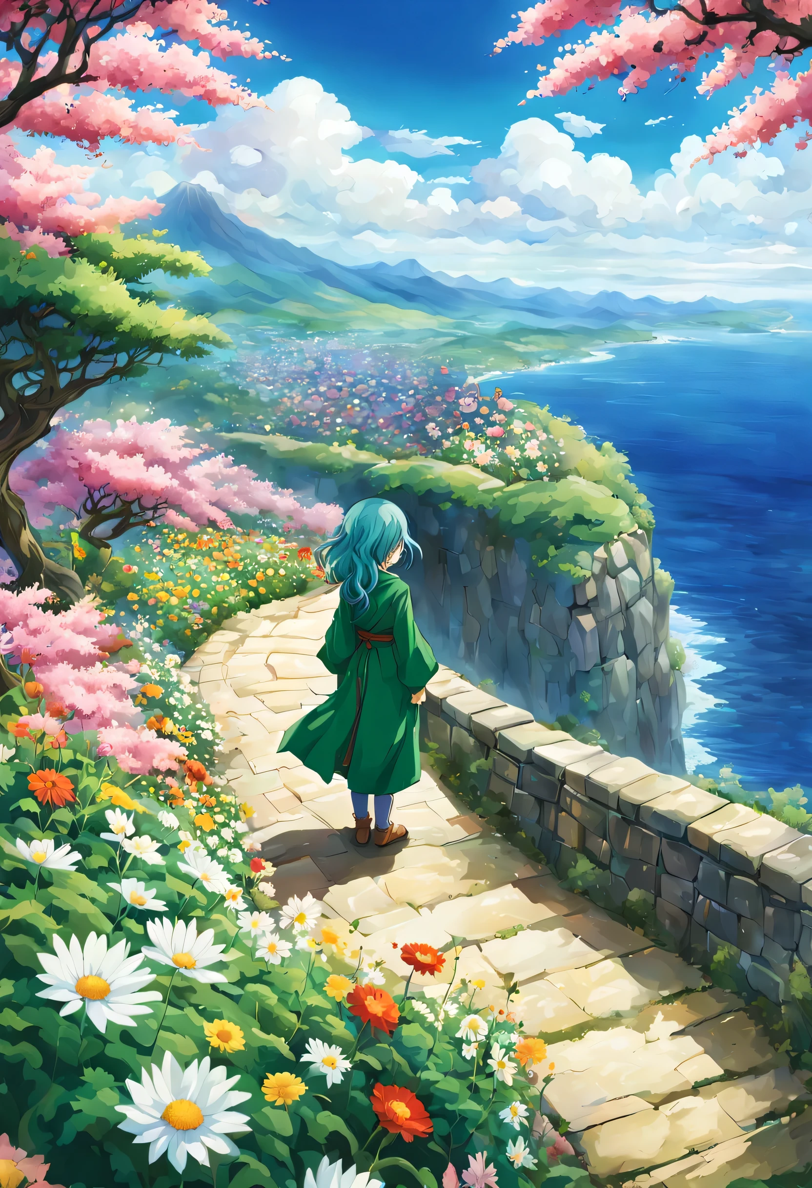 一面の花畑のWind景,花畑の中央に立っているBrave:dragon quest 4,Brave:Rear view,Braveの衣装:be familiar with,He has no time left for sentimentality..,I have to leave this place as soon as possible..,deep sadness of losing a loved one,Very beautiful flower garden,Wind,petals dance,A work of art that moves the viewer,tears,Expressing deep sadness with the beauty of a flower garden,lament,masterpiece,最高masterpiece,digital art,anime,be familiar with,flash,とてもflash,鳥山明の画Wind,flower garden on the cliff,vast land below,I see the city in the distance,beautiful blue sky,emerald green hair:natural perm,dream-like,rendering,On the day of departure,farewell,beautiful light and shadow,those who are guided,Consists of short flowers