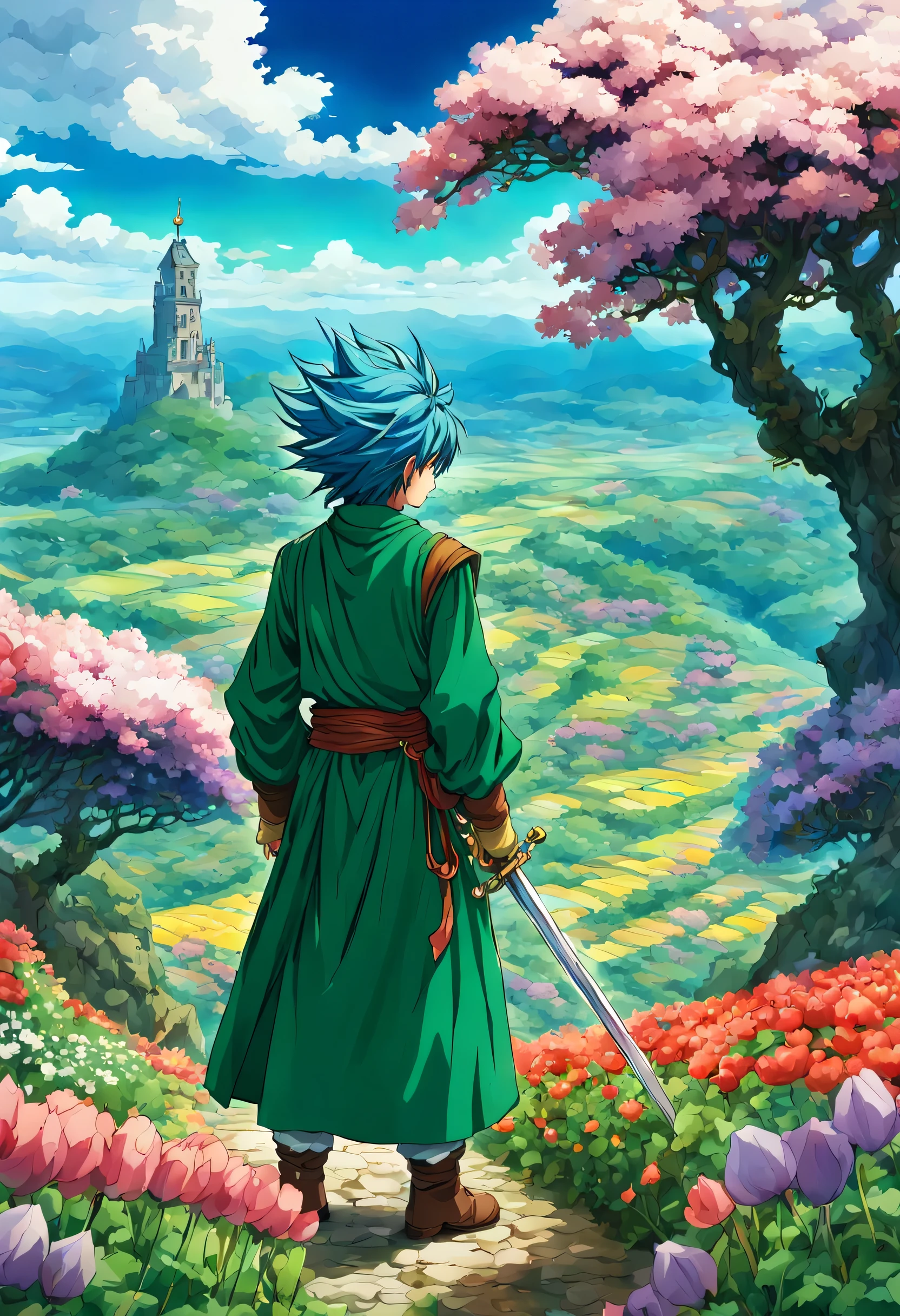 一面の花畑のWind景,The main character stands in the center of the flower garden:dragon quest 4,dragon quest 4の主人公:Rear view,Costume of the brave:be familiar with,He has no time left for sentimentality..,I have to leave this place as soon as possible..,deep sadness of losing a loved one,Very beautiful flower garden,Wind,petals dance,A work of art that moves the viewer,tears,Expressing deep sadness with the beauty of a flower garden,lament,masterpiece,最高masterpiece,digital art,anime,be familiar with,flash,とてもflash,鳥山明の画Wind,flower garden on the cliff,vast land below,I see the city in the distance,beautiful blue sky,emerald green hair,sword,dream-like,rendering,On the day of departure,farewell,beautiful light and shadow