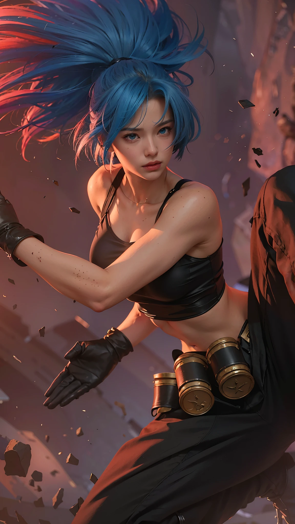 (8k, best quality, masterpiece:1.2), (realistic, photo-realistic:1.37), ultra-detailed,
A detailed portrait of 1 girl 21 year old girl, fantasy character, blue eyes, blue hair color, detail face, pale skin, perfect abs, face facing the camera, wearing black tanktop. The scene is illuminated with professional lighting, photon mapping, and radiosity, with Tetsuya Nomura Style and a japanese feel, Leona KoF cosplay, The King of Fighters. In the dark desert background with blur or bokeh effect, neon details, realistic light.