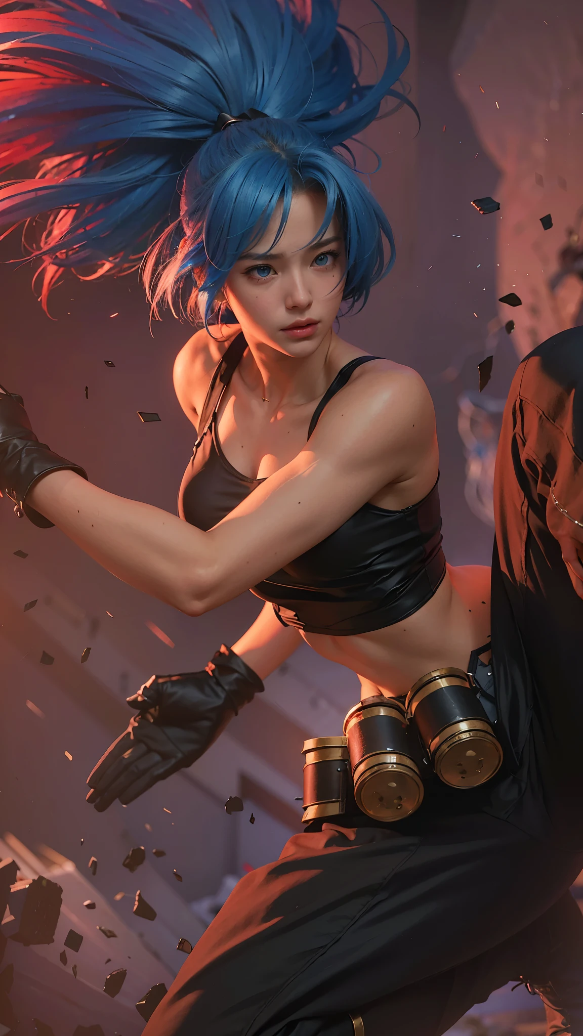 (8k, best quality, masterpiece:1.2), (realistic, photo-realistic:1.37), ultra-detailed,
A detailed portrait of 1 girl 21 year old girl, fantasy character, blue eyes, blue hair color, detail face, pale skin, perfect abs, face facing the camera, wearing black tanktop. The scene is illuminated with professional lighting, photon mapping, and radiosity, with Tetsuya Nomura Style and a japanese feel, Leona KoF cosplay, The King of Fighters. In the dark desert background with blur or bokeh effect, neon details, realistic light.