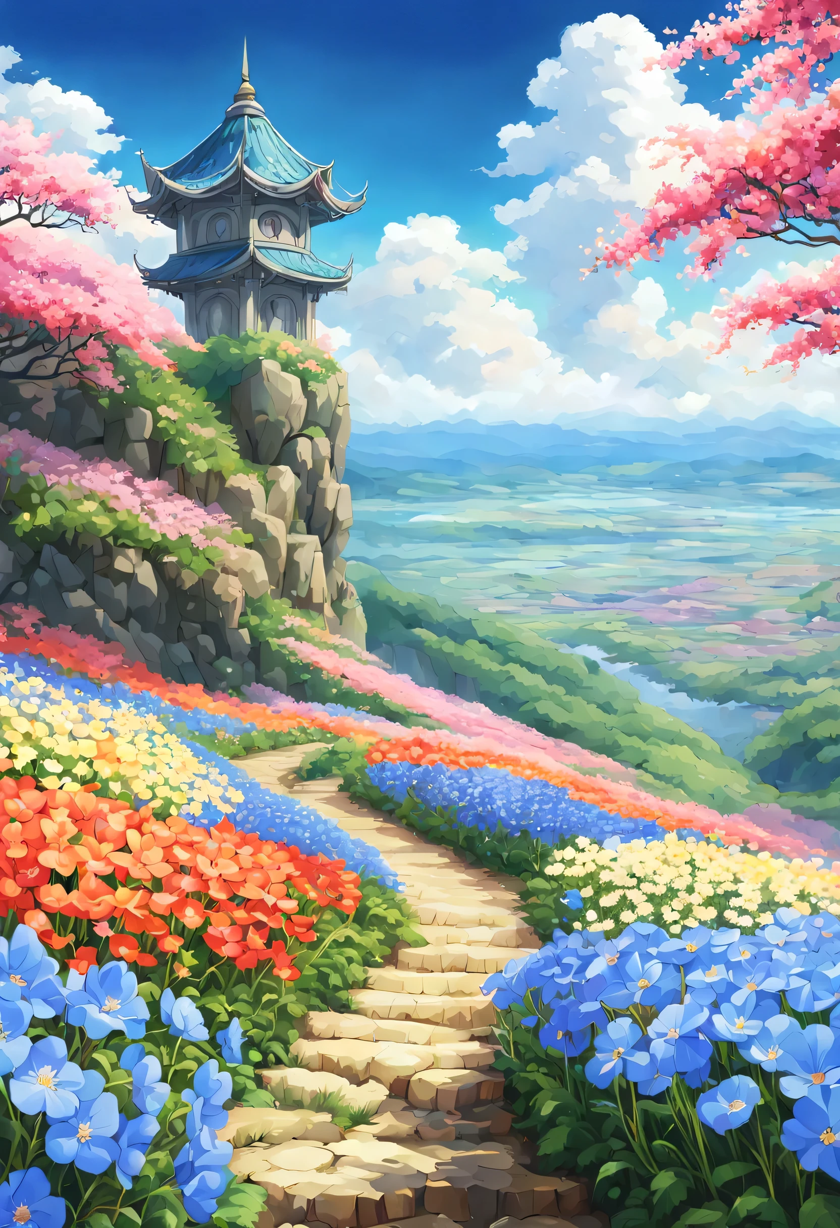 一面の花畑のWind景,The main character stands in the center of the flower garden:dragon quest 4,dragon quest 4の主人公:Rear view,Costume of the brave:be familiar with,He has no time left for sentimentality..,I have to leave this place as soon as possible..,deep sadness of losing a loved one,Very beautiful flower garden,Wind,petals dance,A work of art that moves the viewer,tears,Expressing deep sadness with the beauty of a flower garden,lament,masterpiece,最高masterpiece,digital art,anime,be familiar with,flash,とてもflash,鳥山明の画Wind,flower garden on the cliff,vast land below,I see the city in the distance,beautiful blue sky