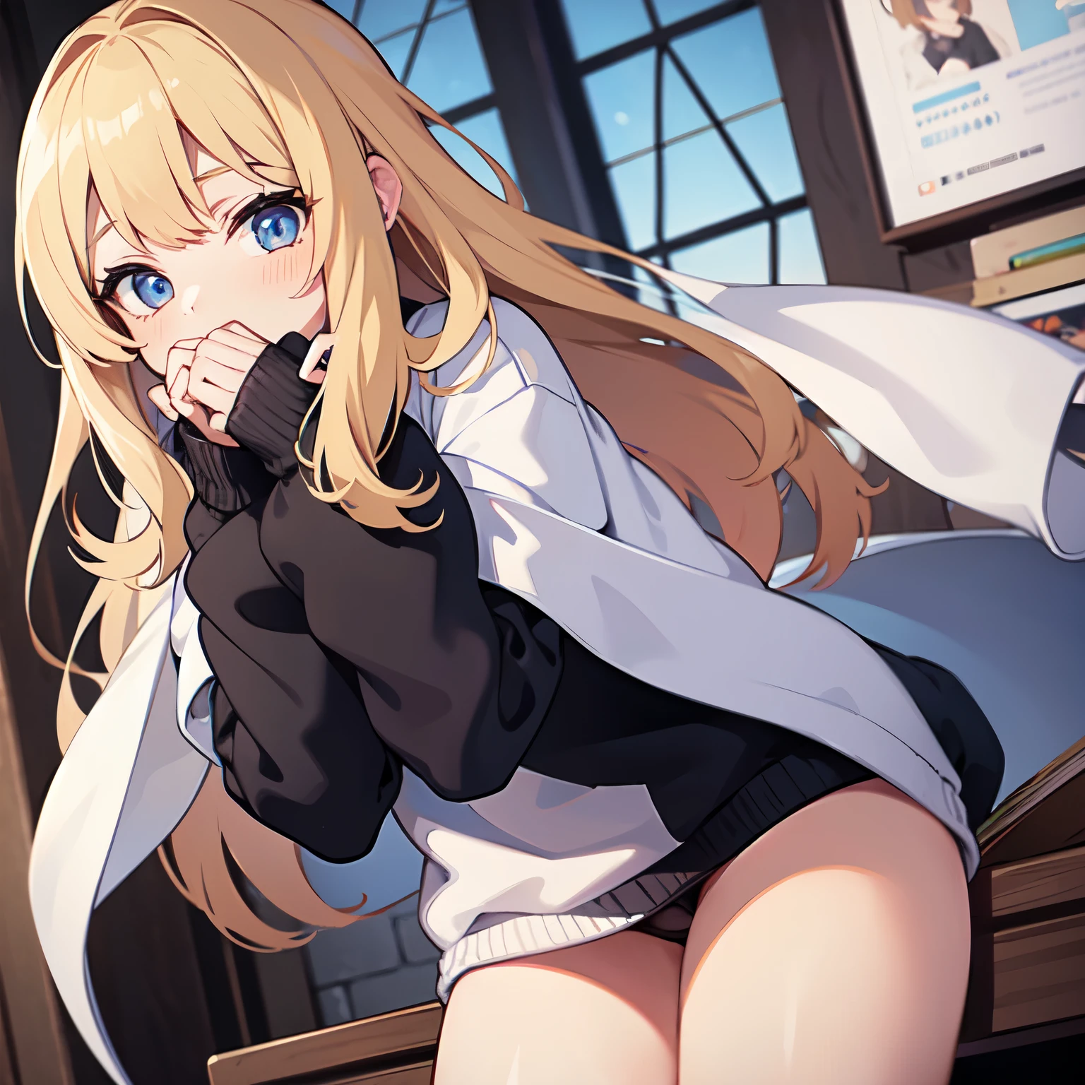 1 girl,wearing a sweater,no pants, hands covering mouth, how