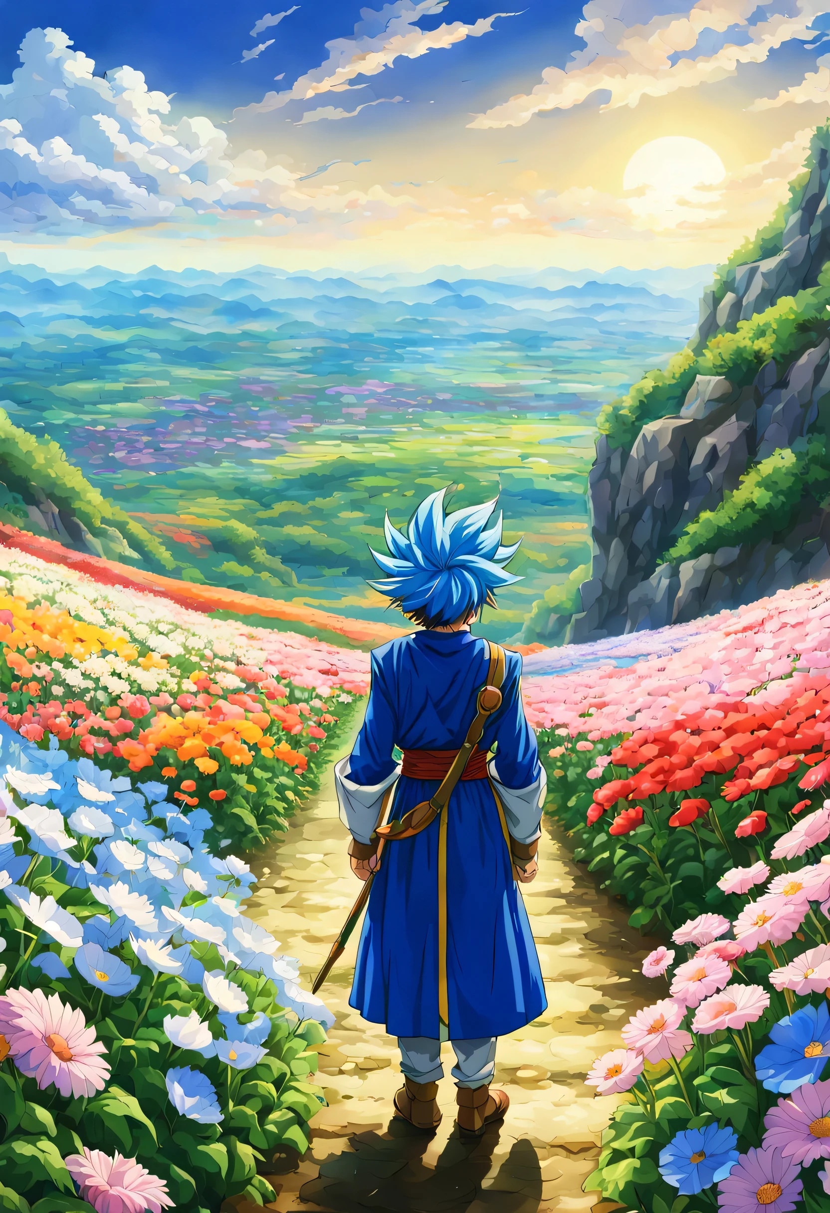 一面の花畑のWind景,The main character stands in the center of the flower garden:dragon quest 4,dragon quest 4の主人公:Rear view,Costume of the brave:be familiar with,He has no time left for sentimentality..,I have to leave this place as soon as possible..,deep sadness of losing a loved one,Very beautiful flower garden,Wind,petals dance,A work of art that moves the viewer,tears,Expressing deep sadness with the beauty of a flower garden,lament,masterpiece,最高masterpiece,digital art,anime,be familiar with,flash,とてもflash,鳥山明の画Wind,flower garden on the cliff,vast land below,I see the city in the distance,beautiful blue sky